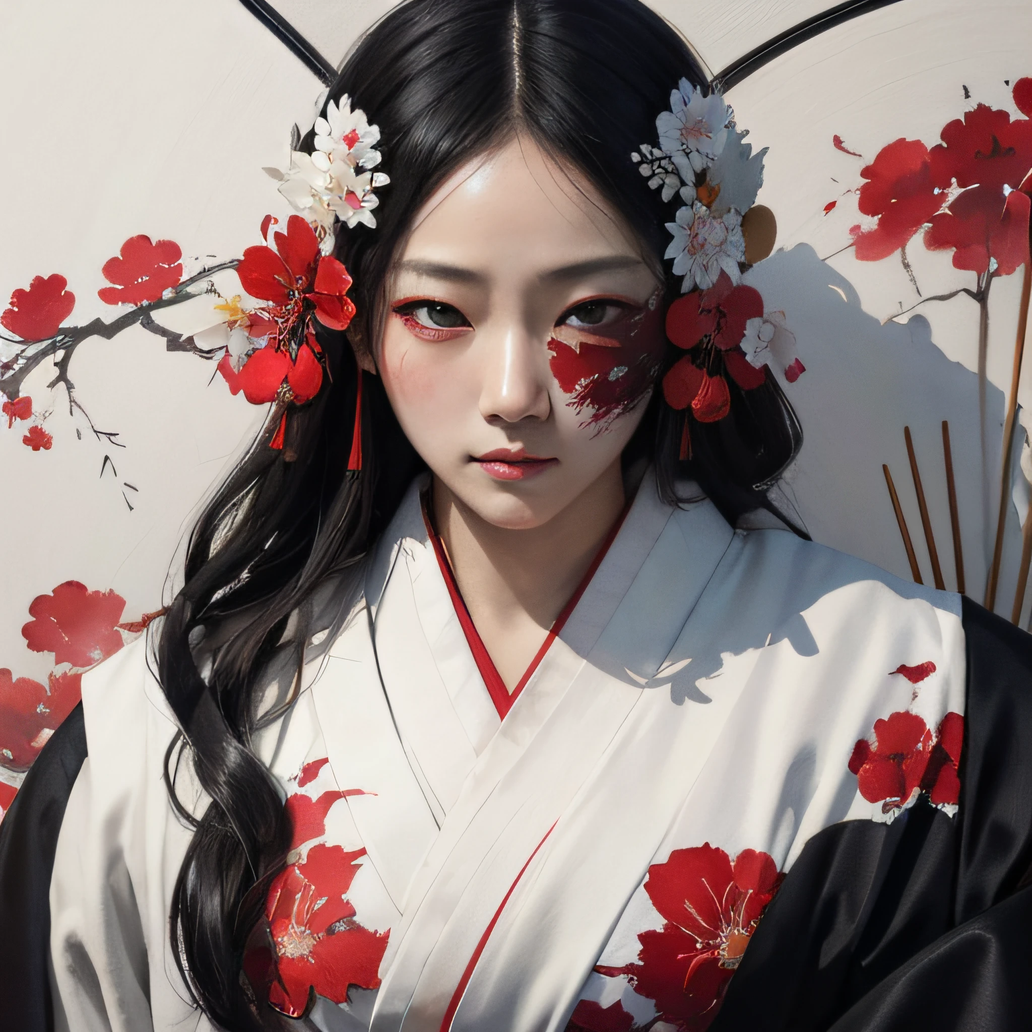 watercolour painting, betrayal, red eyes, black fan covering face, white kimono, extreme closeup, highly detailed, masterpiece, traditional Japanese aesthetics, natural lighting, glow, natural-lighting:high-contrast, impressionistic:colorful, expressive-strokes, simple colour palette