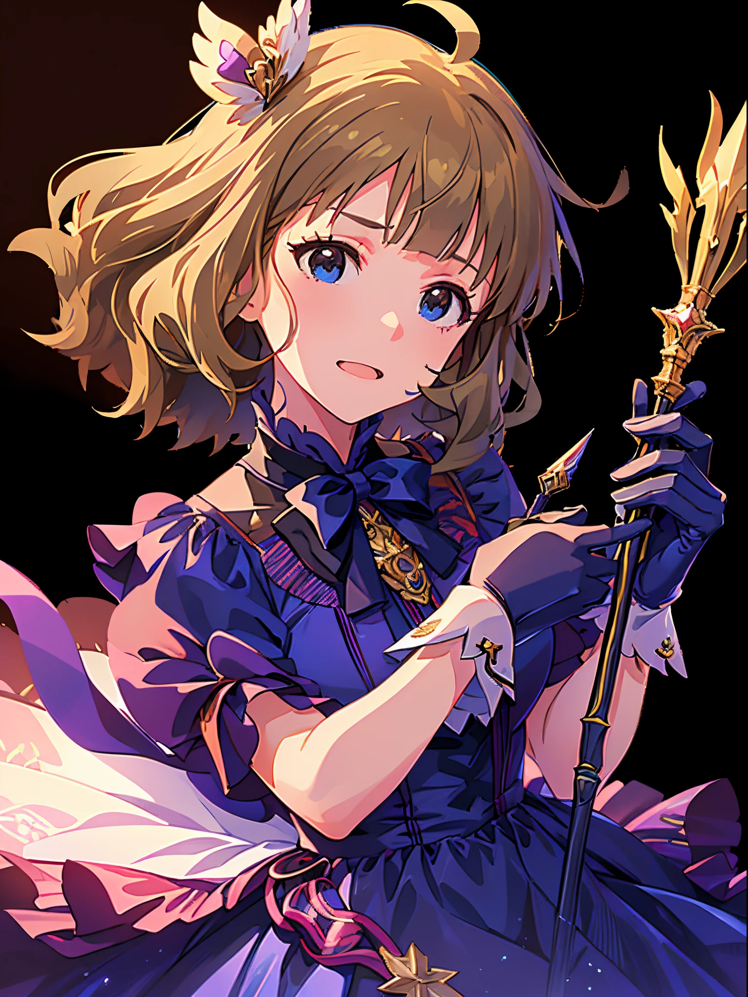 momoko suou (million live), 1 girl, Solo, Best Quality, masutepiece, High resolution, detailed face, >:), casting the spell, (((magical girl:1.3, blue frilled dress, gloves, holding a wand,)))