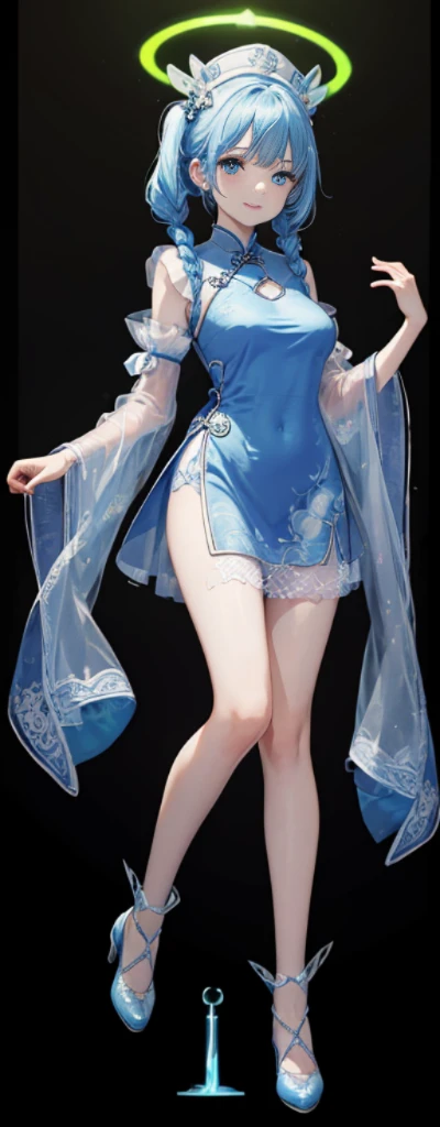 ((Full body photo, standing, feet on the floor))  masterpiece, the best, 1 female, blue clothes, blue cheongsam, Full body image, Chinese style, white cloth buns, black hair, Shoulder, big breasts, Slender legs, Smile, white pantyhose, Pantyhose lace, white underwear, pale pink lips, Embroidered dress