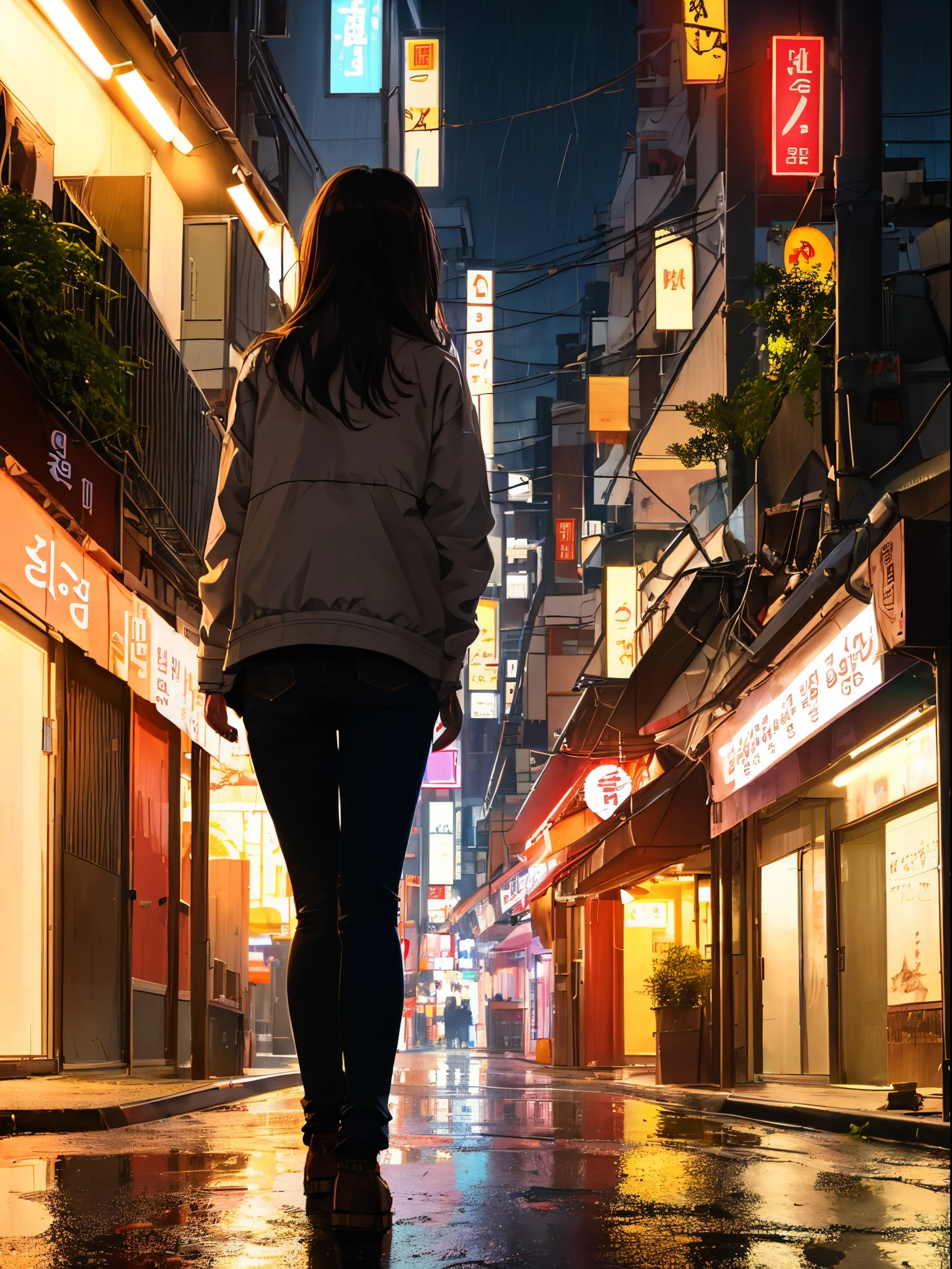 masterpiece, best quality, 1girl, solo, looking at viewer, Late night, Seoul, deserted street, distant view, background, loneliness, rain, street lights, weak light