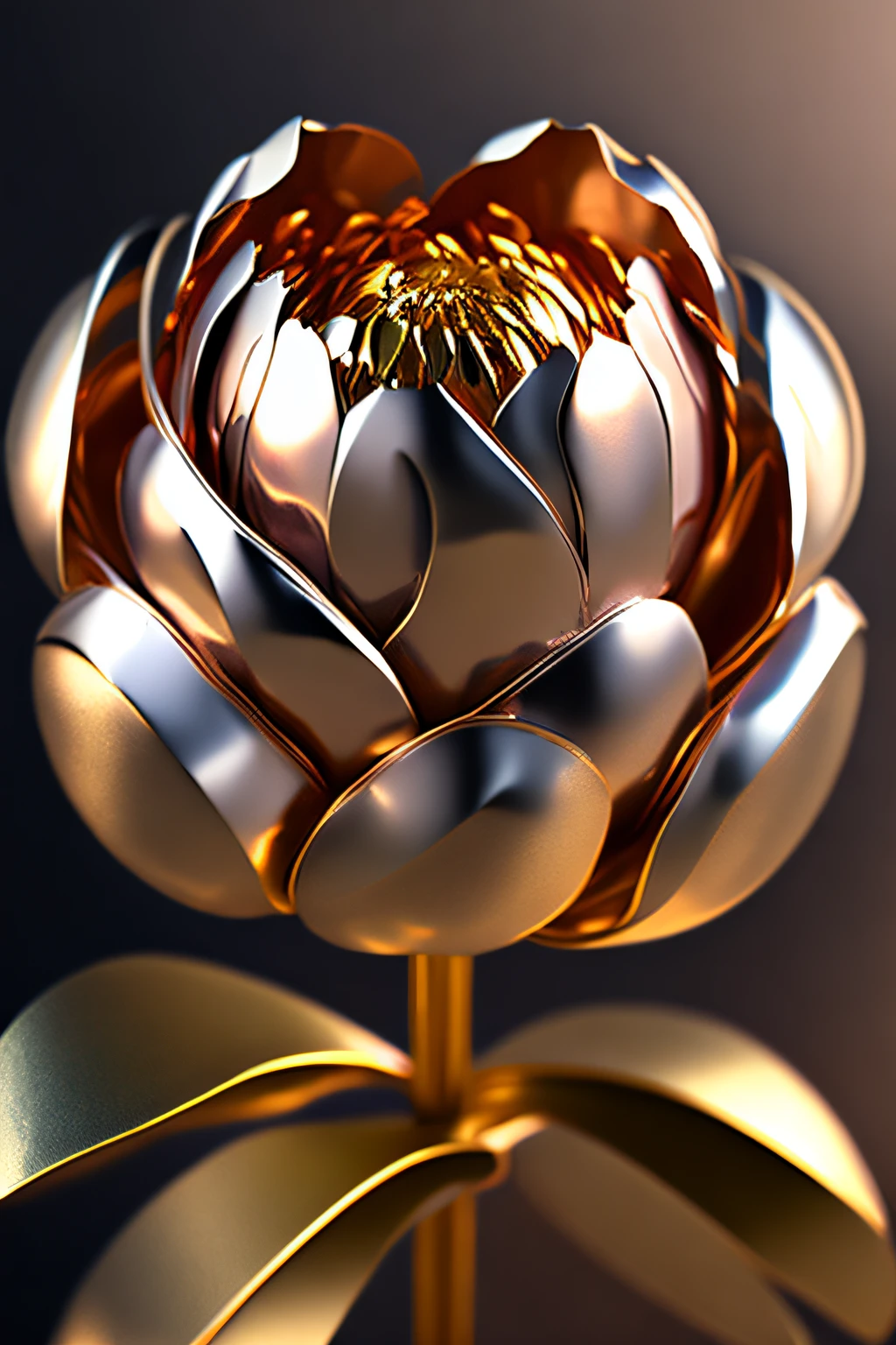 Artificial metal peony, chrome plating, Meticulous and delicate depiction,Sharp,Gorgeous and dynamic painting techniques, Professional flare lighting,4K Ultra HD, 超高分辨率, (realisticlying: 1.4), Best quality at best,tmasterpiece