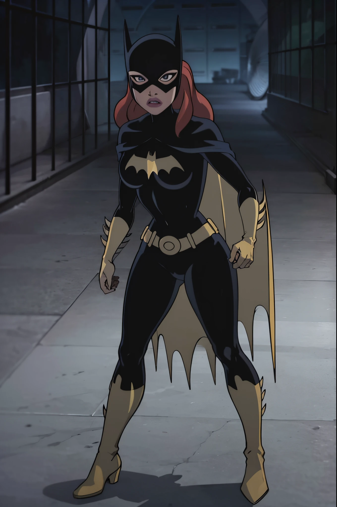 ((whole body view)), Batgitlfit, cabelos muito longos, cabelos ruivos, cabelo entre os olhos, rabo de cavalo alto, Fechaduras laterais, olhos azuis, Batgirl, roupas brilhantes, impossible bodysuit, pele apertada, saia, Olhando para o Viewer apavorada, (pernas musculosas:1.3), ((Acuada e capturada por bandidos na cadeia))