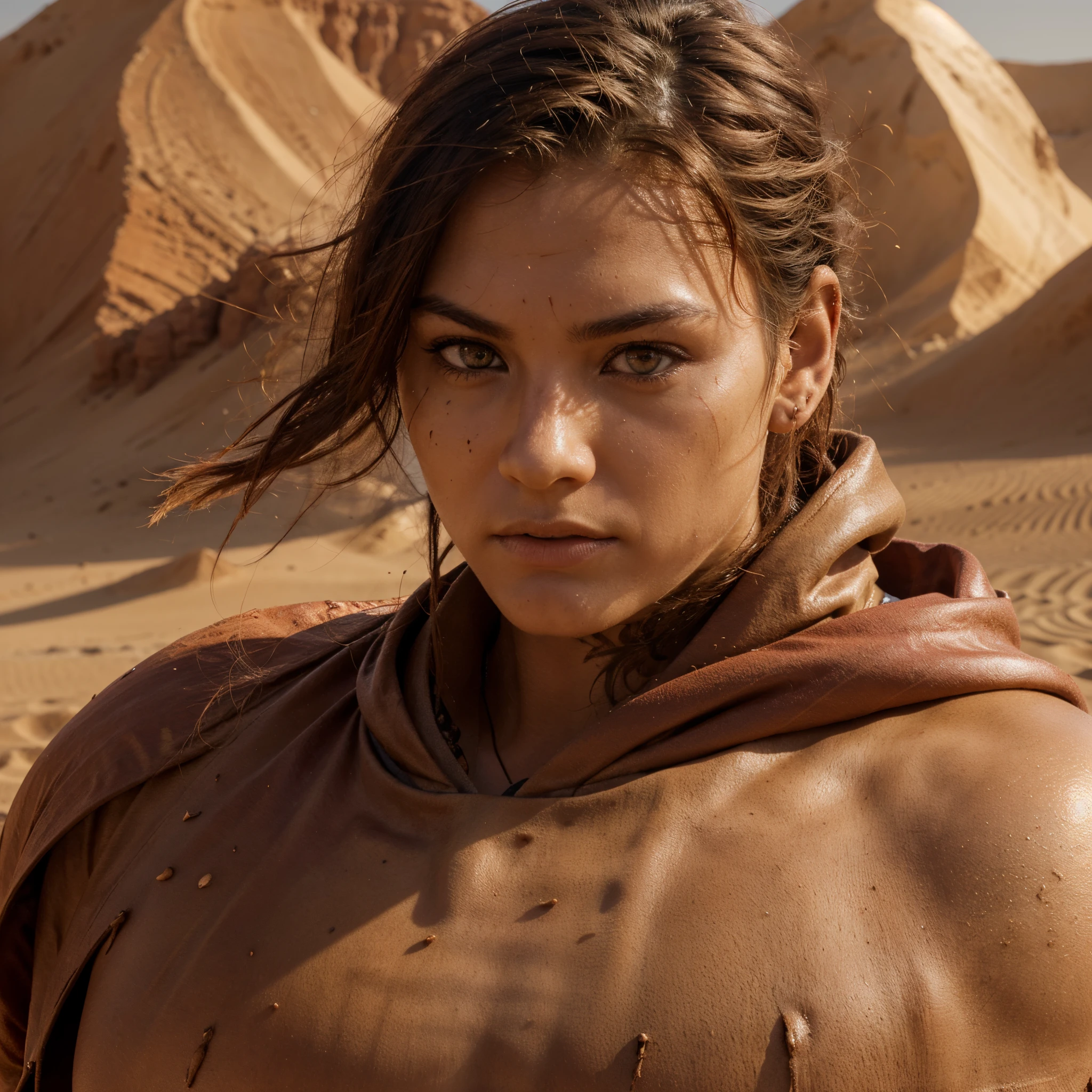 (best quality,highres,ultra-detailed),(realistic:1.37),Gaara with emerald eyes,seductive and intense gaze,seductive eyes,brunette hair,bold expression,tattooed forehead,red sand gourd,sand manipulation,brown cloak,dry and arid desert scenery,sharp facial features,focused look,stern and determined expression,wind blowing through his hair,red kanji markings on his face,fierce and serious countenance,strong and muscular build,sand defense techniques,red eye liner,vivid colors,studio lighting,warm color tones,sandstorm in the background