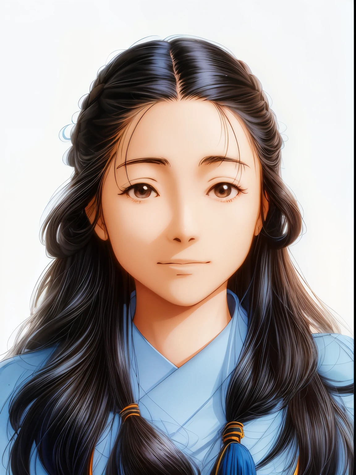 Long hair japanese anime girl wearing sweater and blue shirt, Anime avatar,with a round face,Makoto Shinkai’s cinematic sense,Playful,Hyperactivity,Happy smiling at the camera,Big blue eyes