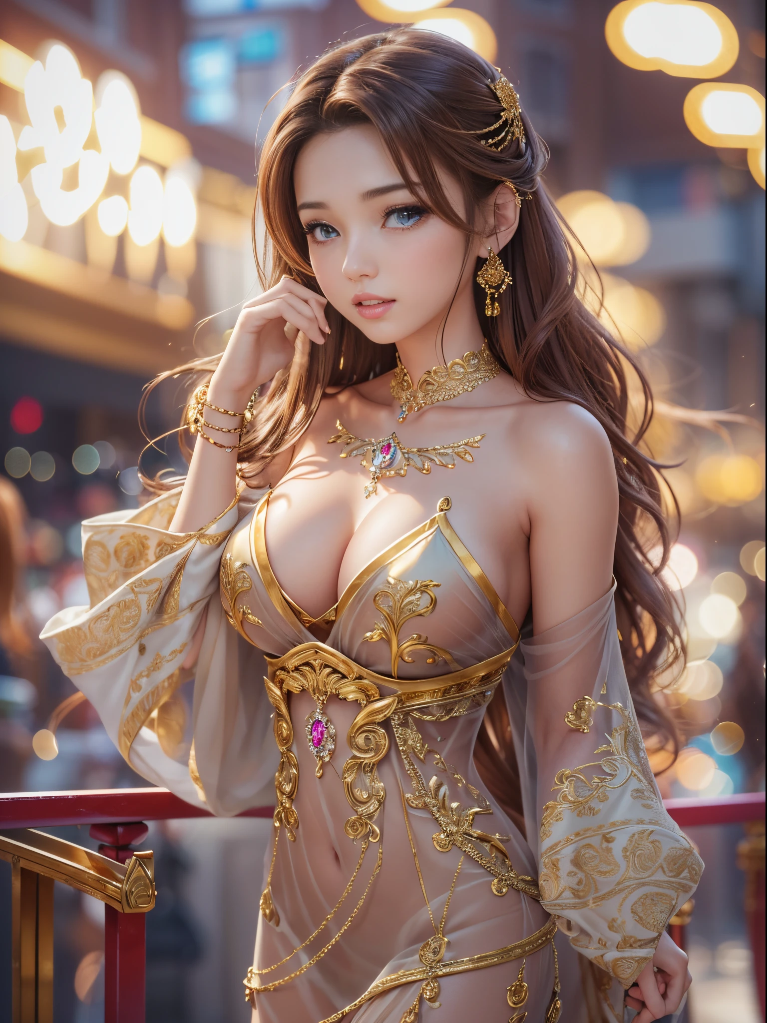 8K、An ultra-high picture quality、1 beautiful girl、(Ultra-realistic details)faces、Brown hair、Superwavy hair、(masutepiece)、(3d rendered)big soft breasts、Slender feminine body、very attractive waist curve、see through dress、GOLD accessory、(Professional cinematic photography、Blur the background)Shoot from the waist up、