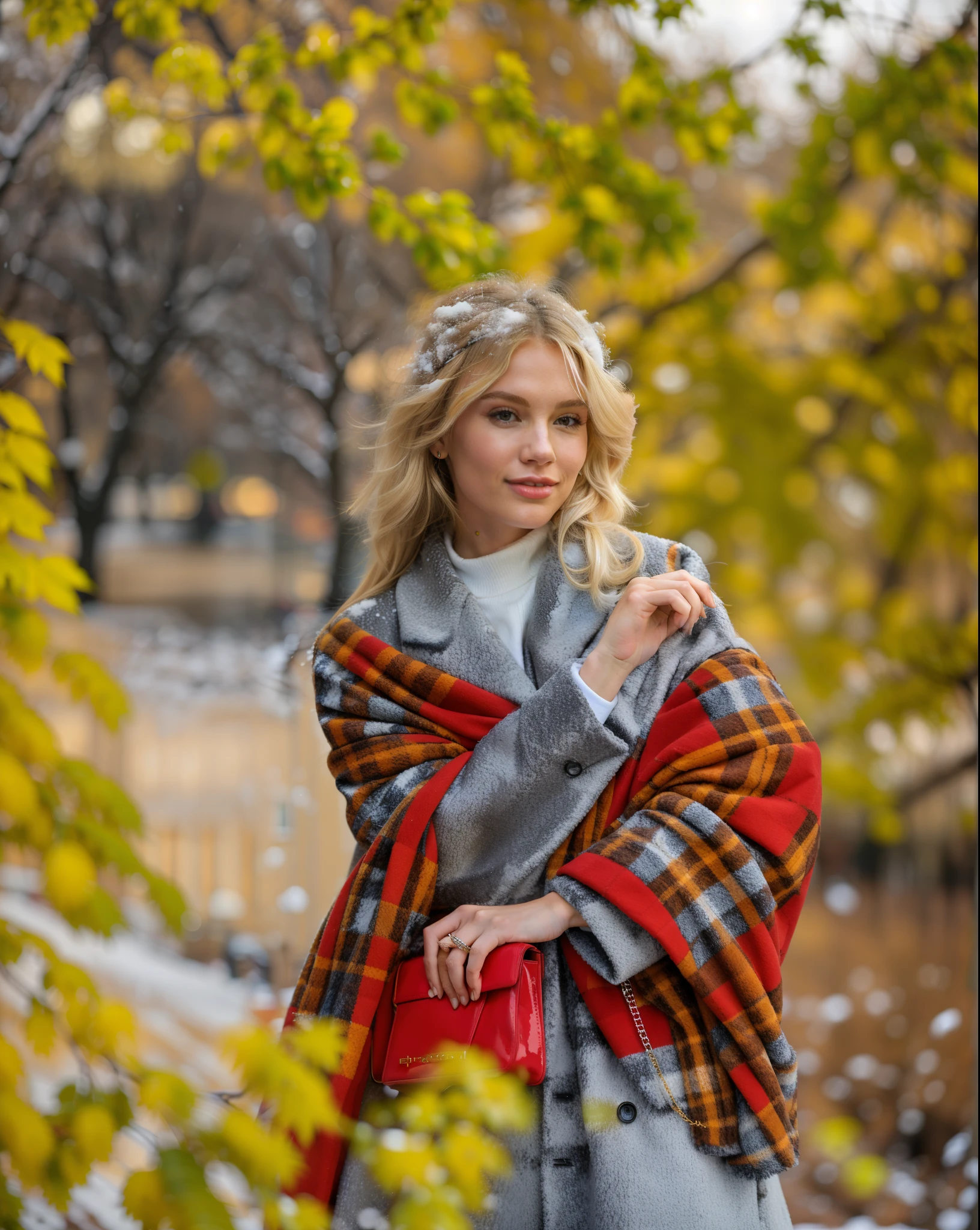 A blonde model in New York, Snow.(best quality,highres:1.2),ultra-detailed,(realistic:1.37),(vivid colors,portraits),snow-covered cityscape, winter fashion, elegant makeup, tall buildings, bustling streets, stylish coat, fashion week, confident pose, natural lighting, glossy hair, high heels, icy sidewalks, fashionable accessories, Central Park, dynamic atmosphere, iconic landmarks