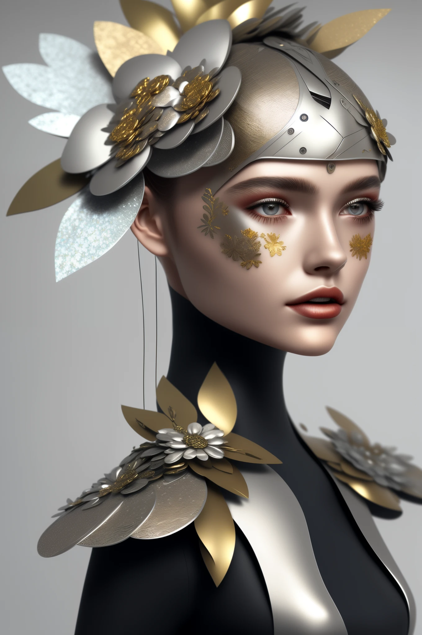 Girl decorated with metal flowers,cyber punk perssonage,A futuristic,metallic luster,metalictexture,bent metal,Fe,stainless steel,platinum,white silver and gold,