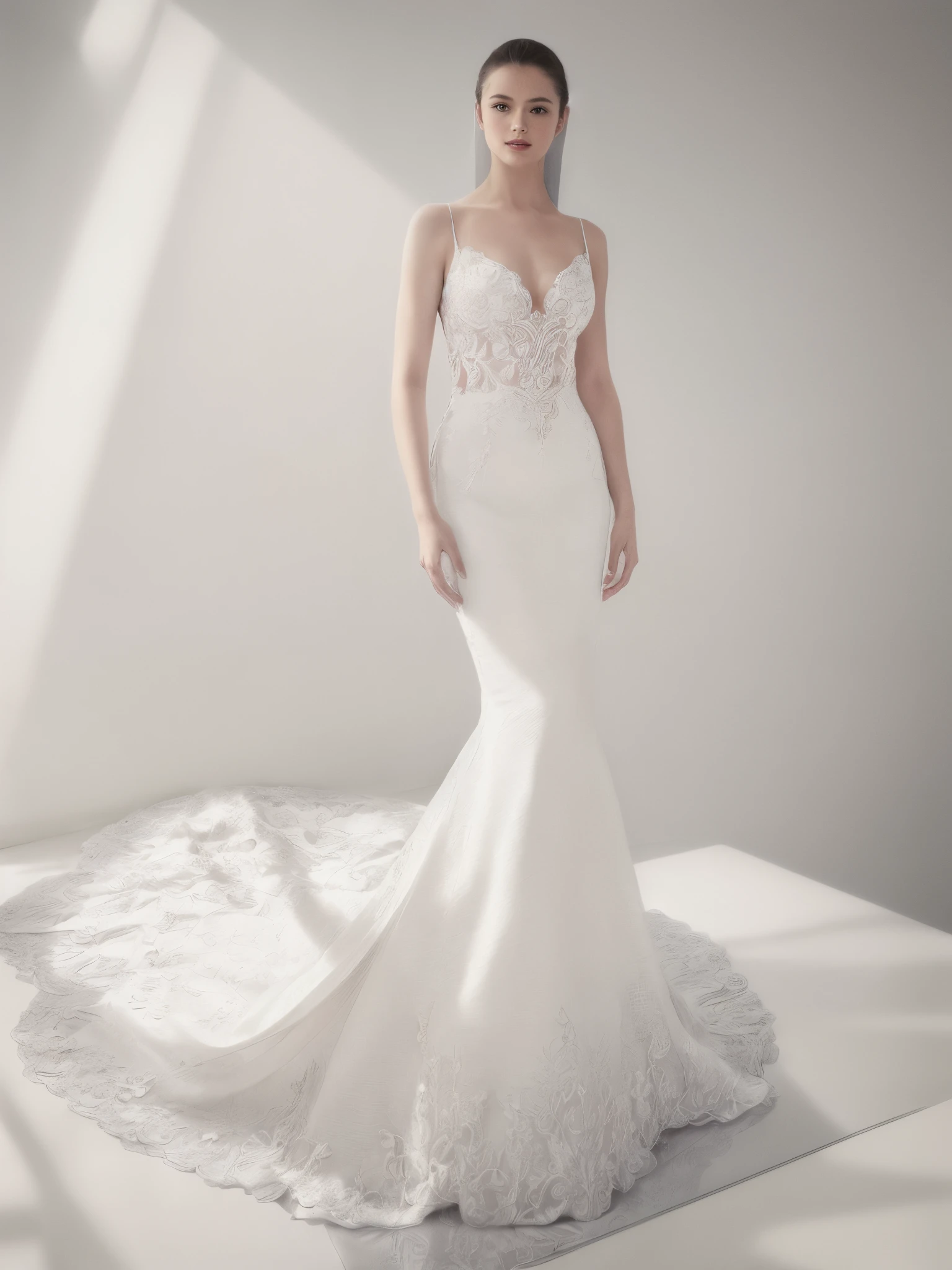 a woman in a white wedding dress standing on a gray surface, intricate gown, dressed beautiful gown, dressed in white intricate lace, stunning elegant, beautiful gown, exquisite fine details, exquisite detail, exquisite detail perfect, beautiful detailed elegant, beautiful wedding dress, white gown, elegant intricate, sexy gown, wedding dress, pristine and clean design, exquisite details