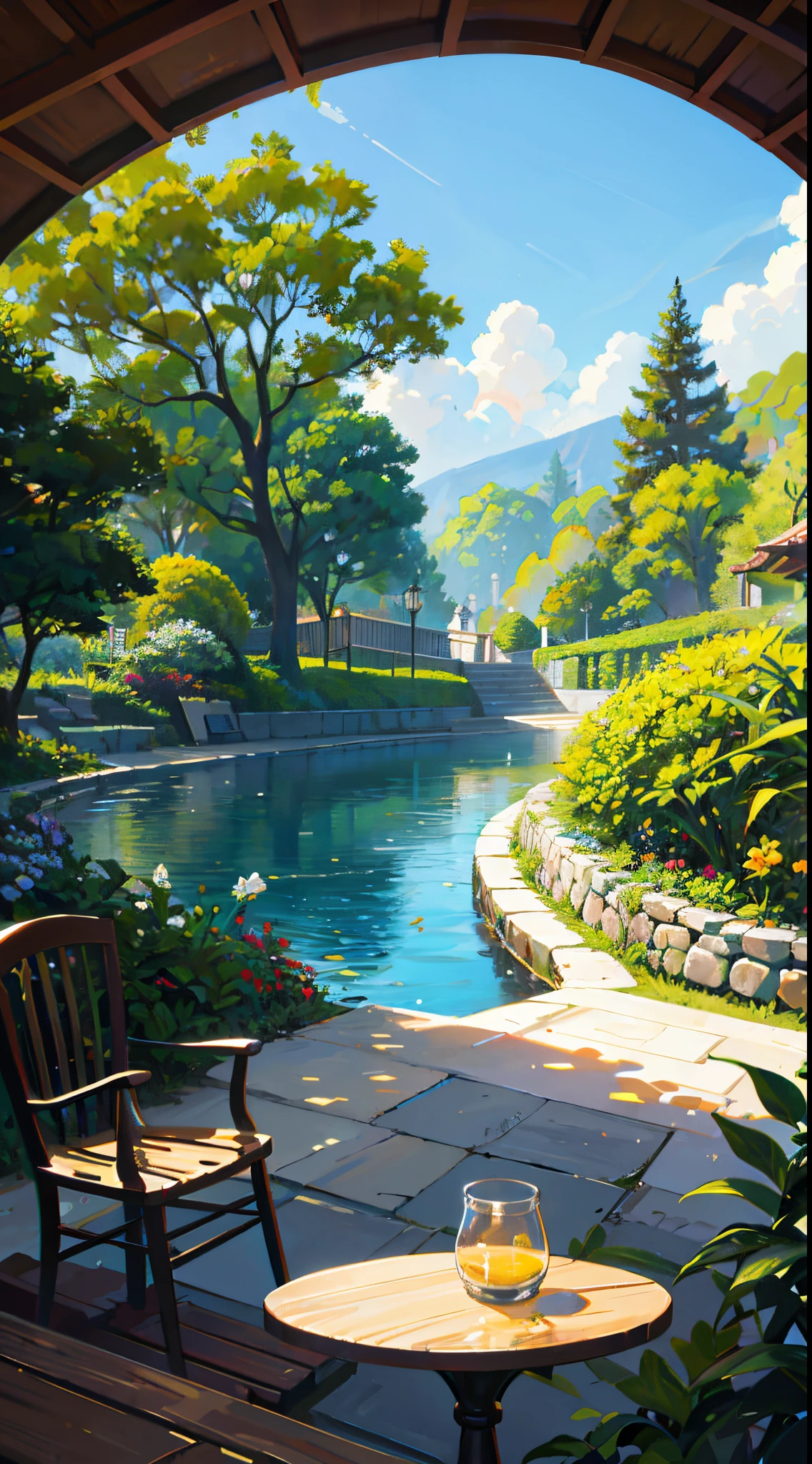 there is a painting of a garden with a table and chairs, cozy cafe background, arte de fundo interior, arte conceitual relaxante, fundo do jardim, arte de fundo do anime, jardim realista, ambiente do jardim, ambiente relaxante, atmosfera tranquila e serena, fundo do quarto pessoal, ambiente do jardim, anime bela cena de paz, ambiente tranquilo, jardim estilo bonito, ambiente tranquilo, peaceful scene
