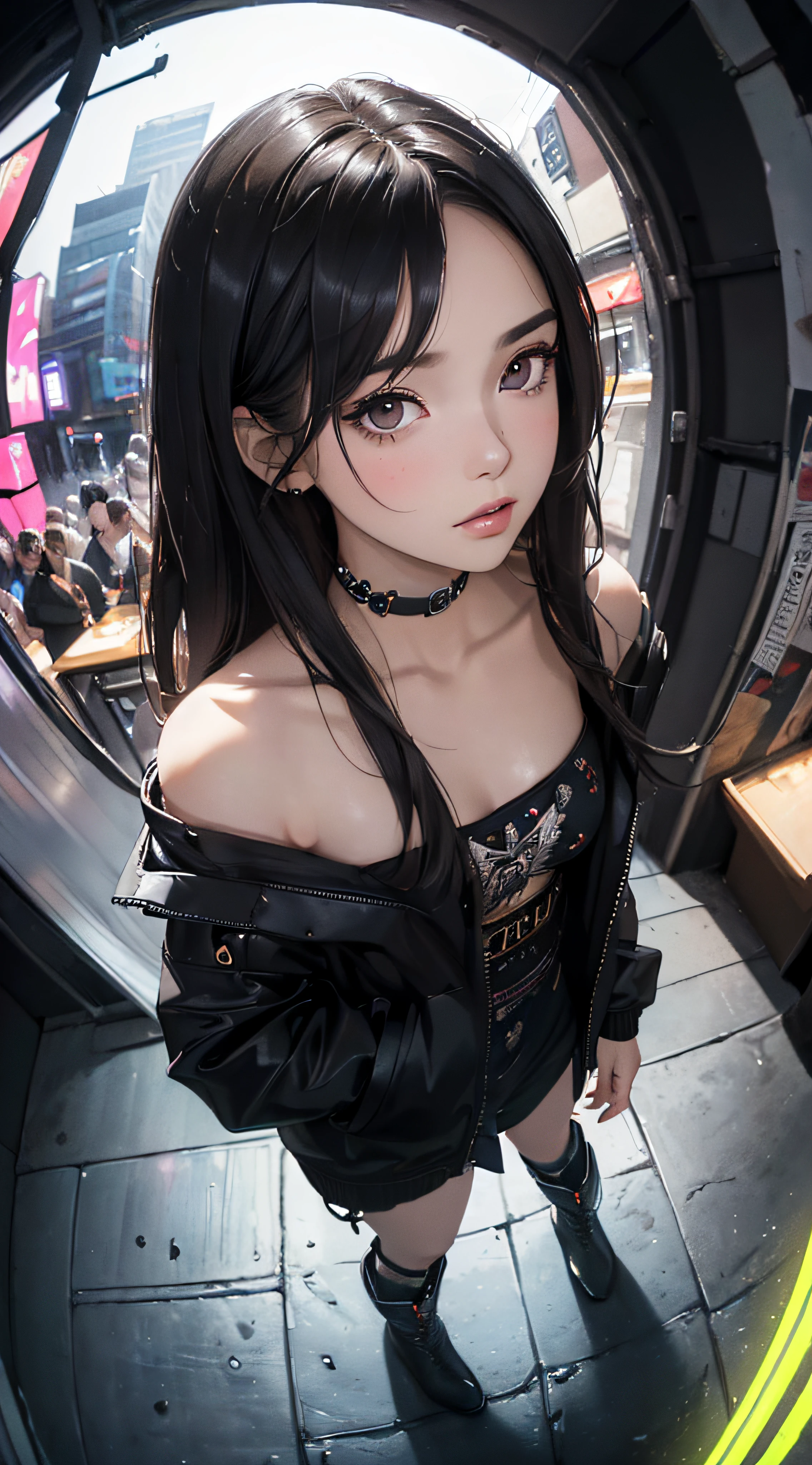 (((8k wallpaper of extremely detailed CG unit:1.2, ​masterpiece, hight resolution:1.2, top-quality:1.2, masutepiece))), ((a very beautiful woman, natta:1.4, Neon Street:1.4, Hands in pockets:1.8, Street fashion:1.5, Wearing a jacket:1.3, Wearing boots)), ((extra detailed face, Highly detailed black eyes, extra detailed body, Top quality real texture skins)), (A dark-haired:1.2, straight haired:1.2, The long-haired, de pele branca, exposed shoulder), ((natta:1.4, Neon Street:1.4, Back alley)), (high-angle:1.1, a closeup, Fisheye:1.4), hyper realisitic, digitial painting,