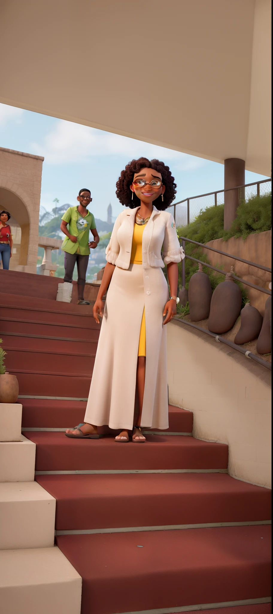 imagem Disney Pixar: fundo rua do Rio de Janeiro. Mulher negra, magra, seios pequenos, shoulder-length curly hair, pretos, olhos castanhos escuros, with burgundy glasses, batom cor de chocolate escuro, sombra dos olhos marrom, brinco argola dourada, roupa de assistente social, fazendo pose de trabalho.