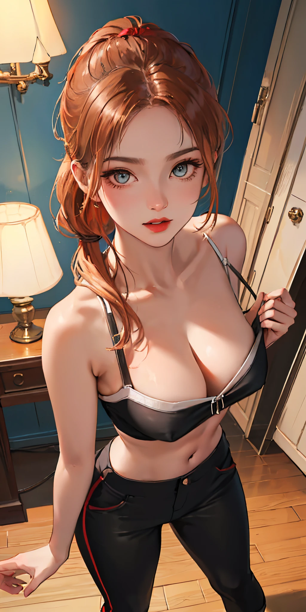 tmasterpiece, Best quality at best, ultra - detailed, realistically, lamplight,beautidful eyes, dress room, Close-up cleavage, (breasts focus), (squatt:1.2), (from below:1.1), legs are open, red blonde, pony tails, mediuml breasts, (Protruding cleavage:1.3), cropped shoulders:1.1), shorter pants, Crop top