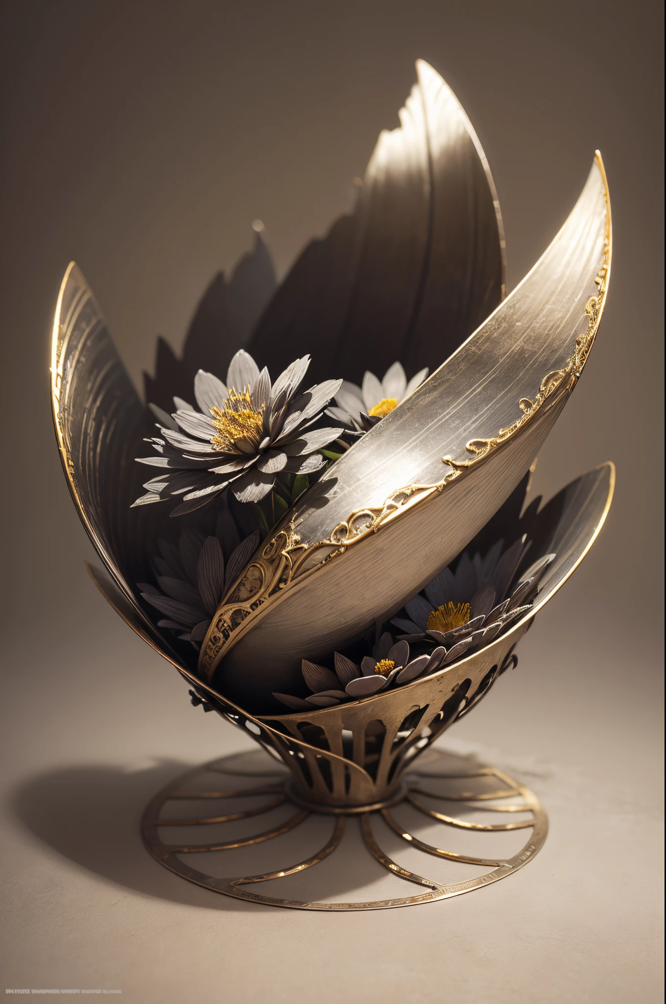 metal art,flower made of iron,iron leaf,iron bend,Iron flower,Full metallic luster,Metal texture in the post-industrial era,Iron decoration,platinum,silver and gold,heavy metal style,In the metal world of the future,everything is made of metal,Metallic flowers,metal leaf,metal stem,Metal petals