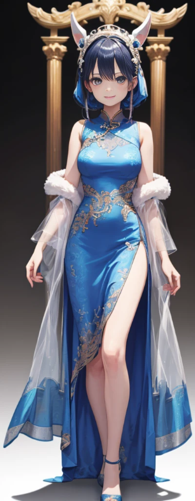 （Full body photo），Fluorescent background，（1 Witch，Flash fluorescence，Hats，Transparent tulle cheongsam，Delicate headgear，ssmile），（paper art，Quilted paper art，geometry），（Lots of colors，Best quality，high detal，tmasterpiece，movie light effect，4K，lightand shade contrast），Blue transparent tulle cheongsam，pigtails，Red knee-length socks，luminous totem，eBlue eyes，blue hair and big breasts，long braid，