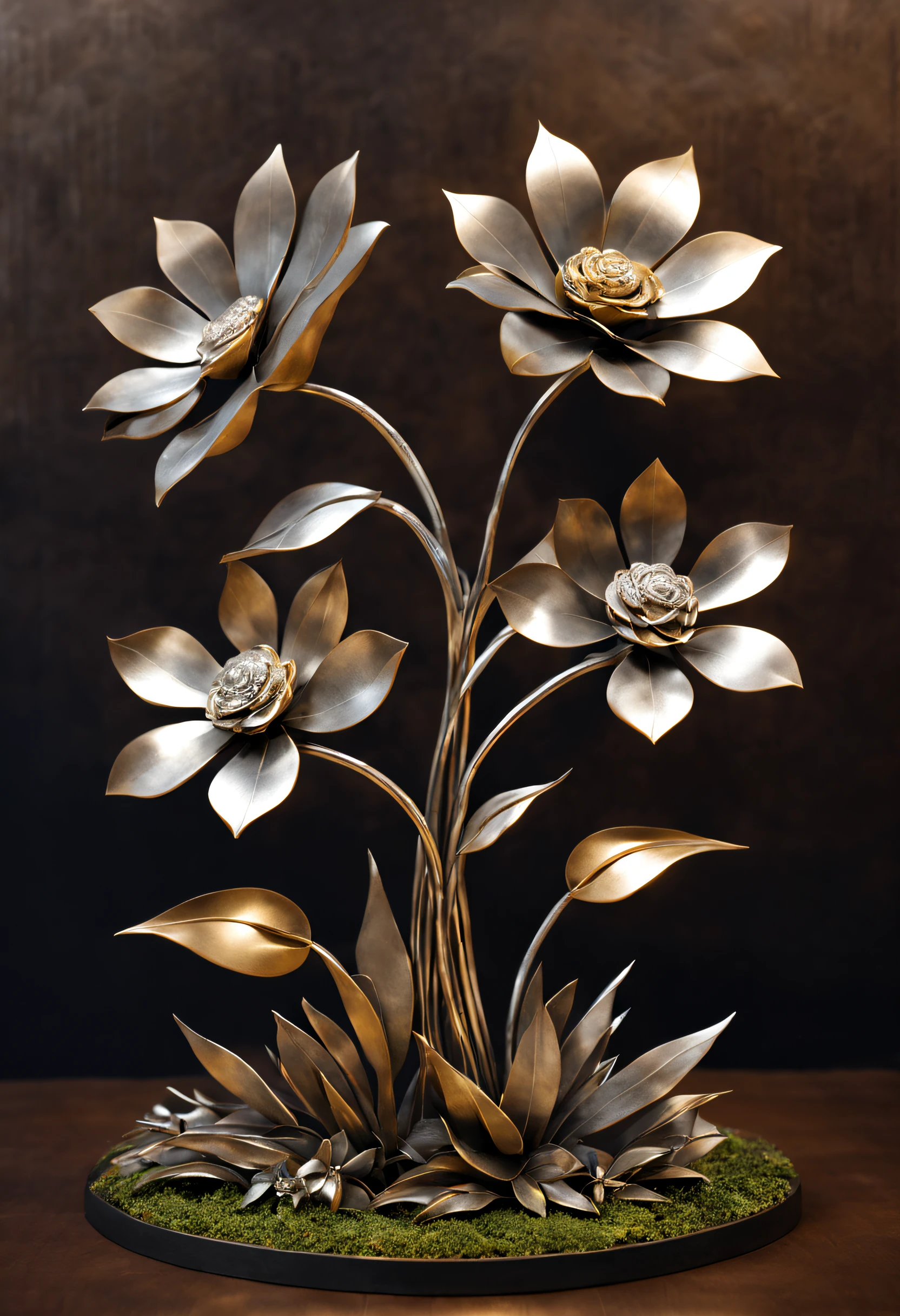 metal art，flower made of iron，iron leaf，iron bend，Iron flower，Full metallic luster，Metal texture in the post-industrial era，Iron decoration，platinum，silver and gold，heavy metal style，In the metal world of the future，everything is made of metal，Metallic flowers，metal grass，Metal Tree，metal mountain