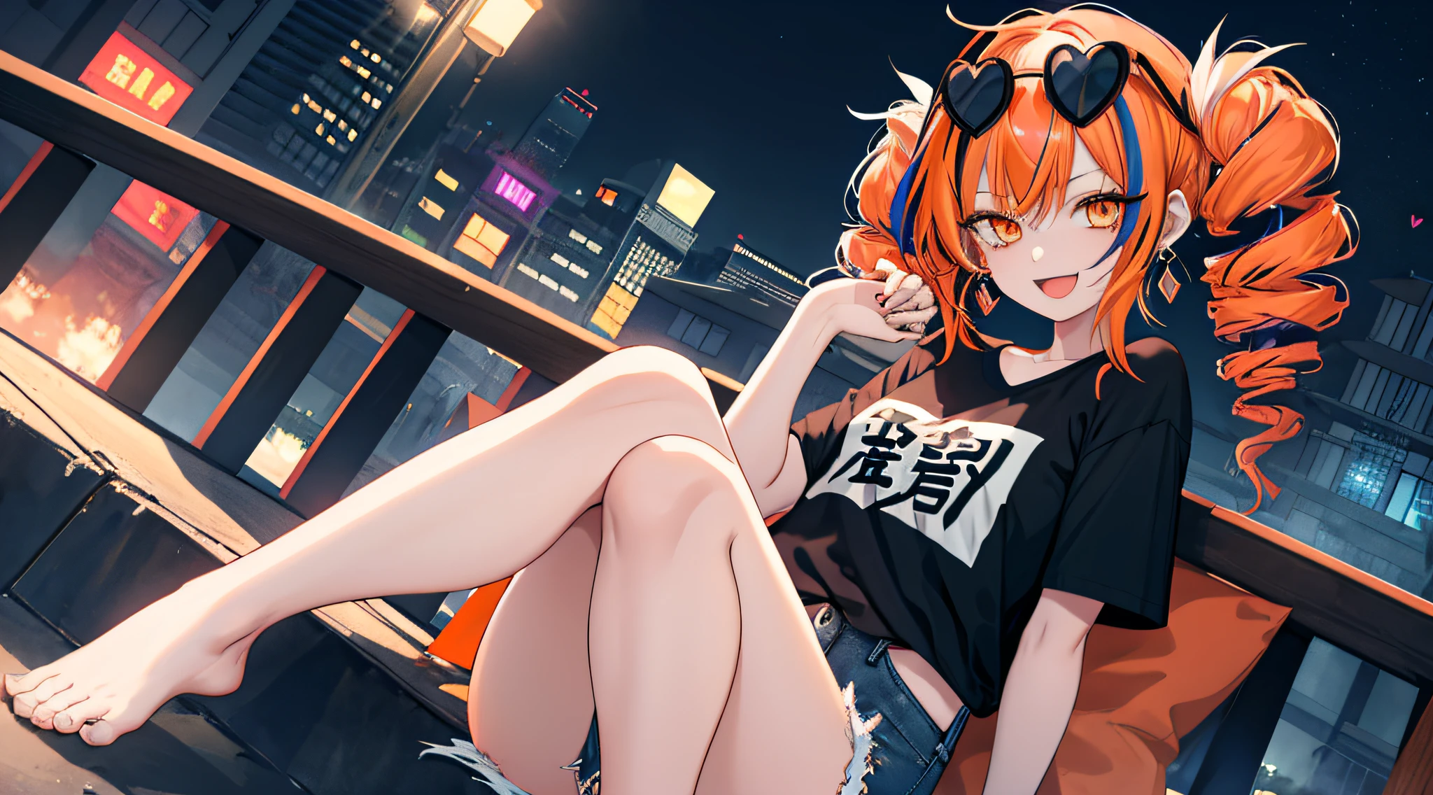 1girl, solo, yorigami jo'on, orange hair, drill hair, eyewear on head, orange eyes, earrings, looking at viewer, crowd, sitting, makeup, morden city, mole under mouth, colored inner hair, blue streaked hair, white streaked hair, bar, night city, T-shirt, Denim shorts, black stockings, neon lights, sitting, spread legs, smile, open mouth, heart in eye