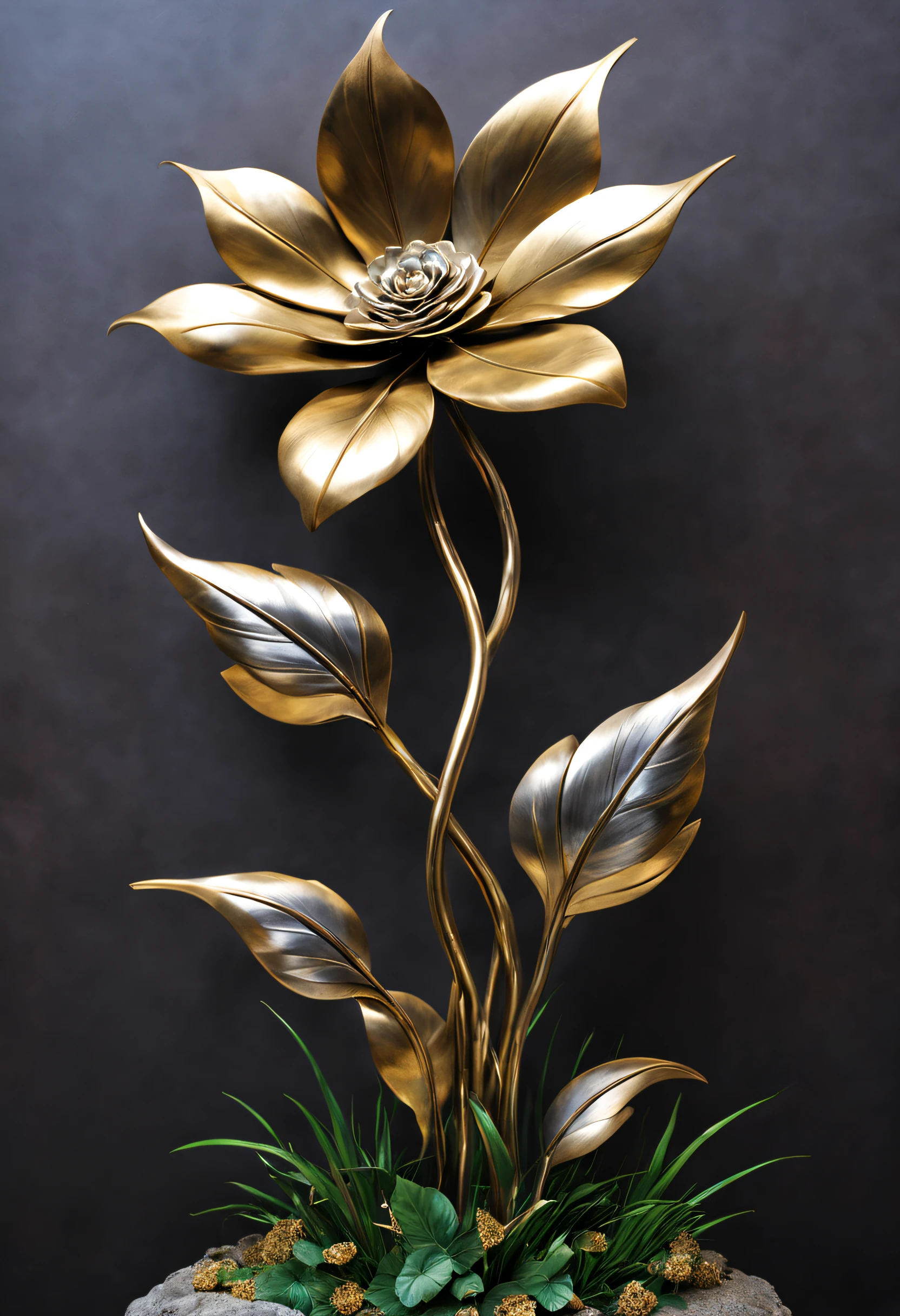 metal art，flower made of iron，iron leaf，iron bend，Iron flower，Full metallic luster，Metal texture in the post-industrial era，Iron decoration，platinum，silver and gold，heavy metal style，In the metal world of the future，everything is made of metal，Metallic flowers，metal grass，Metal Tree，metal mountain