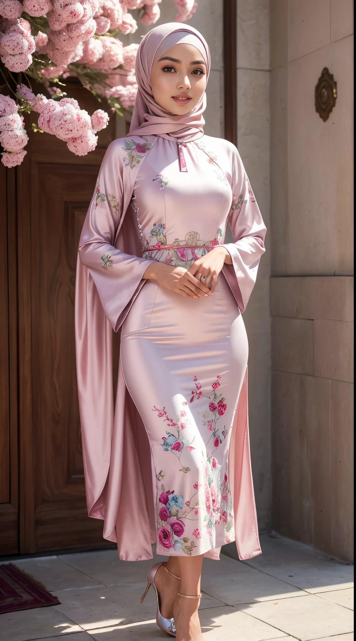 RAW, Best quality, high resolution, masterpiece: 1.3), Beautiful Malay woman in hijab (iu:0.8),slim faces, (RAW photo:1.2), (photorealistic:1.4),(masterpiece:1.3),(best quality:1.4),ultra high res,(detailed eyes),(detailed facial features),(detailed clothes features),HDR,8k resolution, skin tight, (((high detailed skin,visible pores))), dreamlike, 1 girl, tall body, slim faces, body abs:1.2, 30 years old, gigantic breast, wearing tight close beie pastel floral silk Ao Dai with hijab, full body, beautiful shy smile, wearing high heels