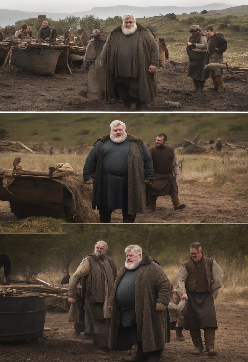 A photo of Hodor and Bran Stark helping villagers rebuild their homes after a wildfire,Game of Thrones,Hodor, a beloved character from “Game of Thrones,” is notable for his towering height and robust build, giving him a gentle giant appearance. He has a simple, kind face, often marked by a look of confusion or contentment, and his clothing is typically plain and functional, suited to his role as a stable boy.