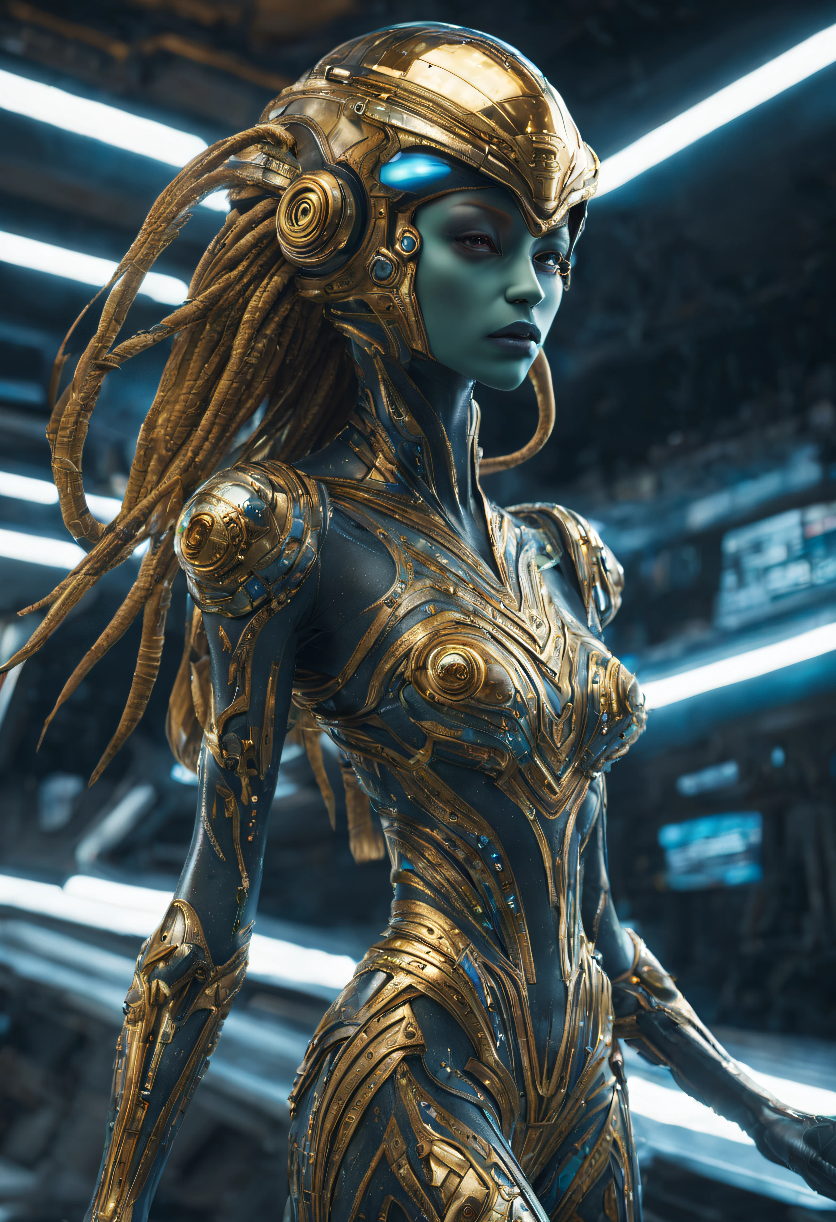(cuerpo completo), extraterrestrial alien female similar to Lihö-Minaa princess of the people of the planet mül from Valerian and the city of a thousand planets ,vestida de traje de noche corto, engarzado con oro refulgente, priedras preciosas de colores y diamantes, ((se encuentra en centro de control de estacion espacial)), detalles intrincados de la maquina de alta calidad), estilo cinematografico, nitidez absoluta, imagen 8k.(obra maestra).fondos de pantalla, ultra detallado.