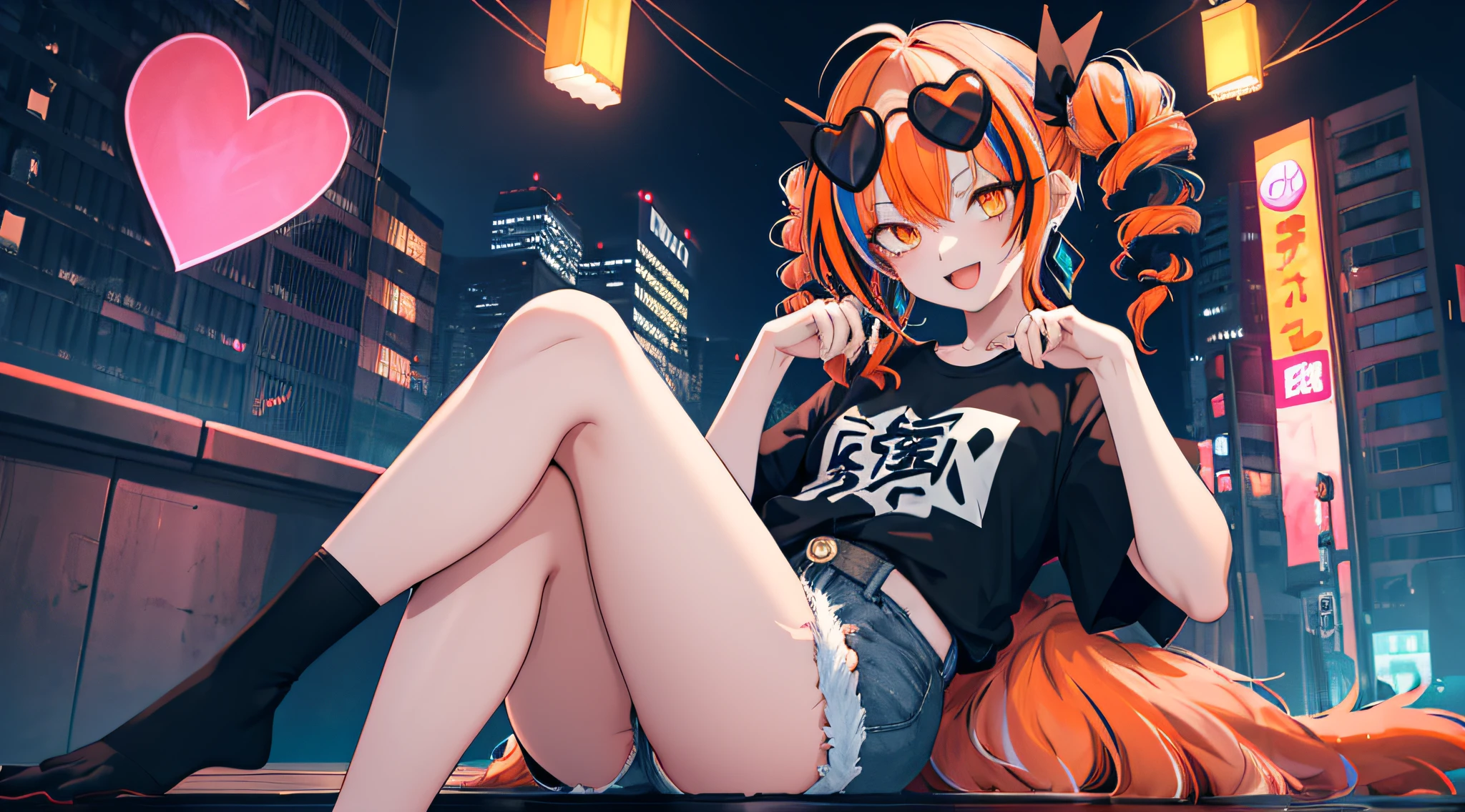 1girl, solo, yorigami jo'on, orange hair, drill hair, eyewear on head, orange eyes, earrings, looking at viewer, crowd, sitting, makeup, morden city, mole under mouth, colored inner hair, blue streaked hair, white streaked hair, bar, night city, T-shirt, Denim shorts, black stockings, neon lights, sitting, spread legs, smile, open mouth, heart in eye