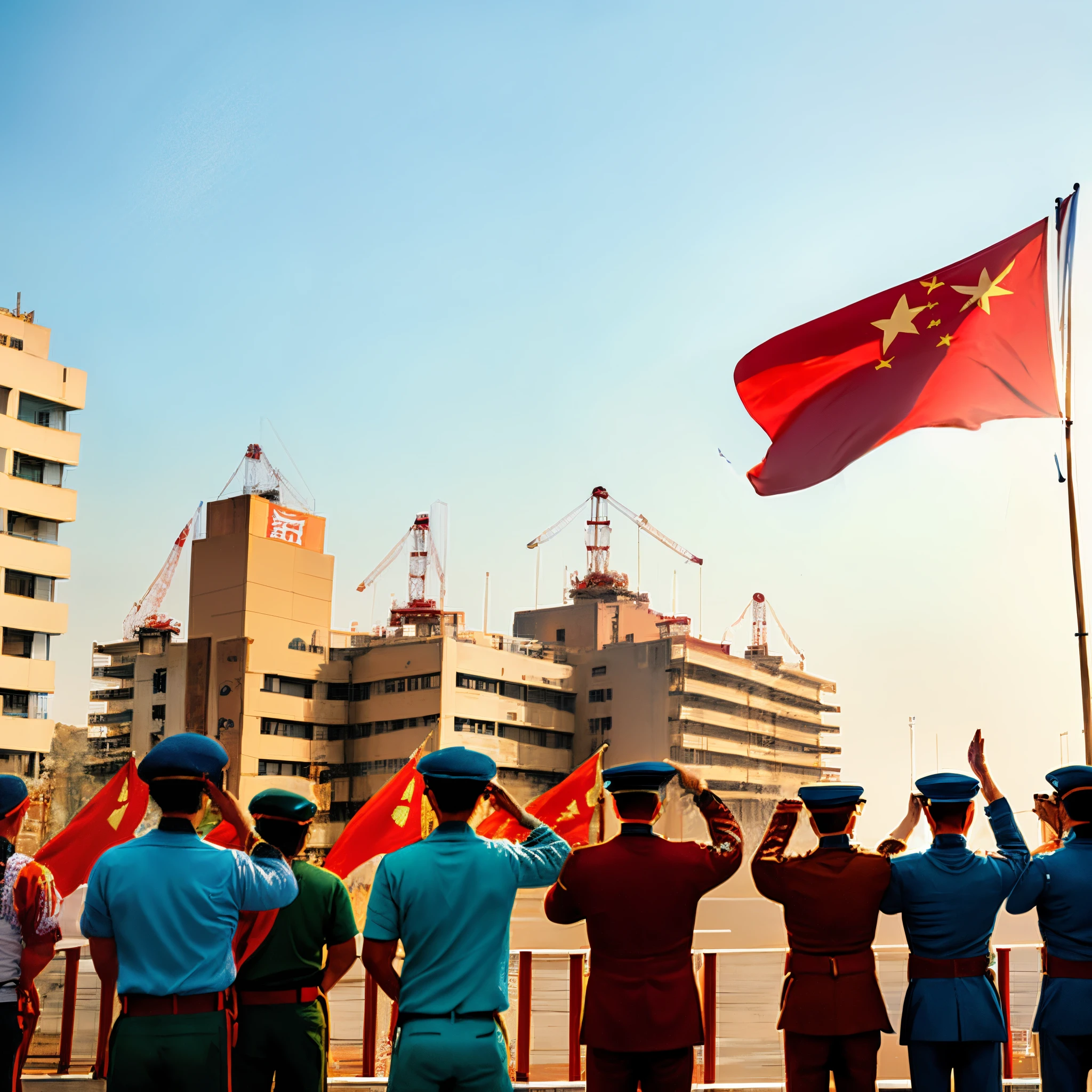 A Chinese woman in military uniform in the seventies is now on the roof of a building with a red flag