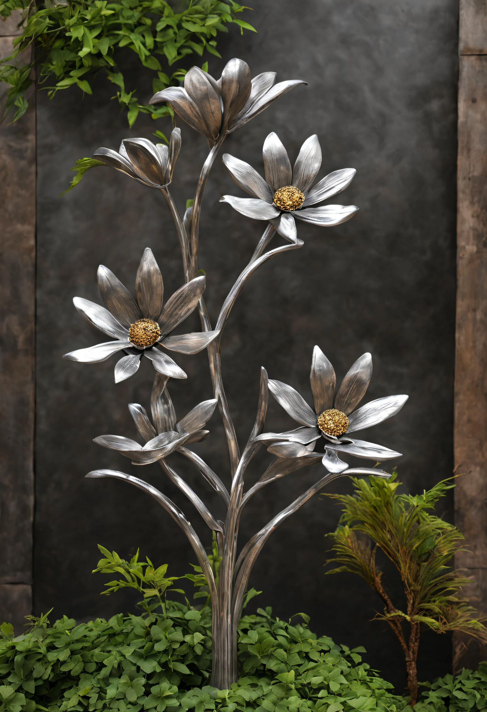 metal art,flower made of iron,iron leaf,Tiewan,Iron flower,Full metallic luster,Metal texture in the post-industrial era,Iron decoration,platinum,silver and gold medals,heavy metal style,In the metal world of the future,everything is made of metal,Metallic flowers,metal grass,Metal Tree,metal mountain