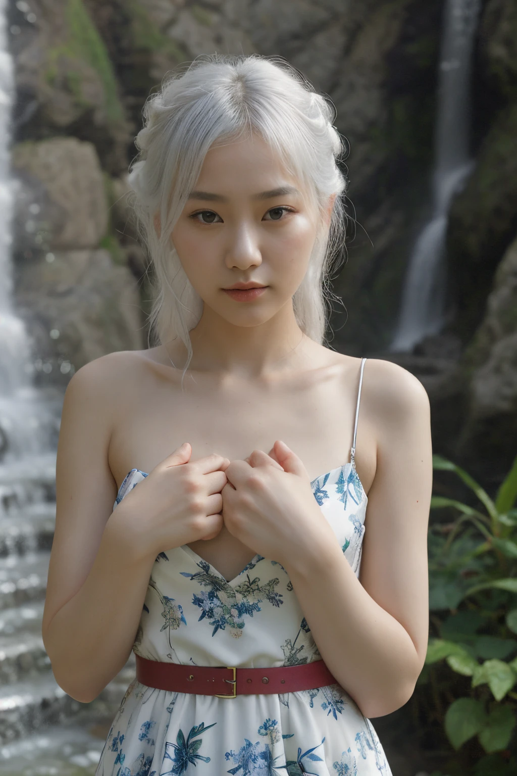 a close up of a woman in a waterfall, korean girl, gorgeous young korean woman, beautiful south korean woman, korean woman, beautiful young korean woman, korean women's fashion model, skinny waist and thick hips, photo of slim girl model, attractive pose, bra and shorts streetwear, jaeyeon nam, tattoo girl, light white hair, verybadimagenegative_v1.3, ng_deepnegative_v1_75t, (ugly face:0.8),cross-eyed,sketches, (worst quality:2), (low quality:2), (normal quality:2), lowres, normal quality, ((monochrome)), ((grayscale)), skin spots, acnes, skin blemishes, bad anatomy, DeepNegative, facing away, tilted head, {Multiple people}, lowres, bad anatomy, bad hands, text, error, missing fingers, extra digit, fewer digits, cropped, worstquality, low quality, normal quality, jpegartifacts, signature, watermark, username, blurry, bad feet, cropped, poorly drawn hands, poorly drawn face, mutation, deformed, worst quality, low quality, normal quality, jpeg artifacts, signature, watermark, extra fingers, fewer digits, extra limbs, extra arms,extra legs, malformed limbs, fused fingers, too many fingers, long neck, cross-eyed,mutated hands, polar lowres, bad body, bad proportions, gross proportions, text, error, missing fingers, missing arms, missing legs, extra digit, extra arms, extra leg, extra foot, ((repeating hair))