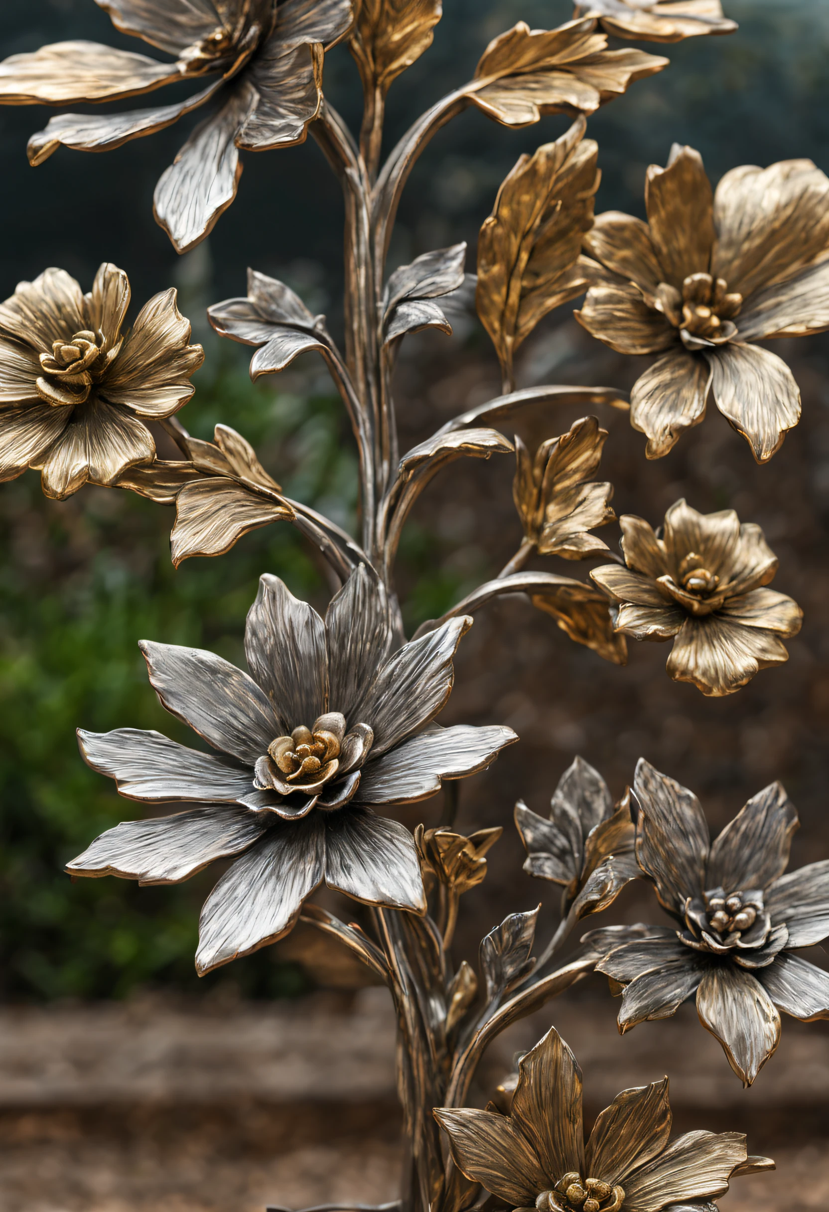 metal art，flower made of iron，iron leaf，iron bend，Iron flower，Full metallic luster，Metal texture in the post-industrial era，Iron decoration，platinum，silver and gold，heavy metal style，In the metal world of the future，everything is made of metal，Metallic flowers，metal grass，Metal Tree，metal mountain
