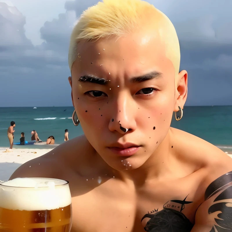 fit man with shaved head and a beer on the beach, Hyung Tae, Cabelo zumbido no templo, TaeJune Kim, Hong June Hyung, Sul Coreano Masculino, Cai Xukun, cabelos agitados, cabelos amarelos, Cabelo loiro com pontas de gel, Taehyung comendo batatas fritas Gucci, ele parece um assecla humano, Jungkook, Hyung Tae Kim, na praia