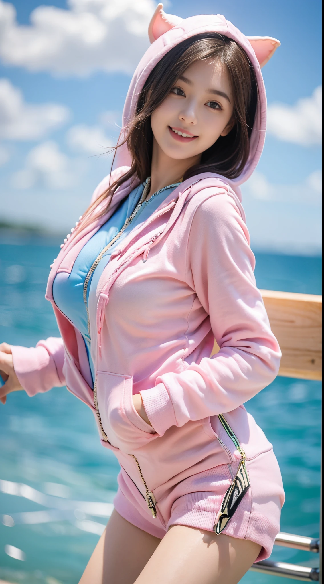 ((Top Quality, 8K, masterpiece:1.3)), (Focusing:1.2), (Perfect Body Beauty:1.4), ((delicate hair)), Highly detailed facial and skin texture, Fair eyes, Double eyelidd, Glossy skin, Sorrisos, Wearing a necklace, Glossy face, smaller face, (tits huge:1.4), 20yo, ((sexy open zip hoodie:1.5)), Beautiful smile, (Short hair fluttering in the wind), Huge and beautiful clouds, blue-sky, (Pink Dolphin Shorts:1.3), slutty,