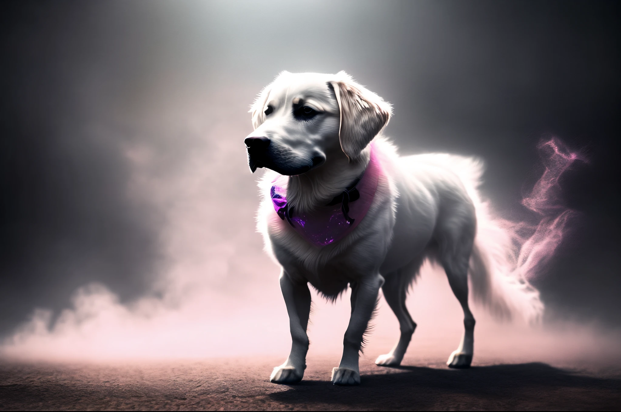 A ghost of a dog, a dog pink hologram texture, pink translucent spirit of a dog, spirit dog hologram, low opacity, conceptual art, ghostly form, pink fog around the spirit of the dog, glowing fog intricate ghosty dog, photorealistic, glowing spirit dog, photoreal, hyperrealism