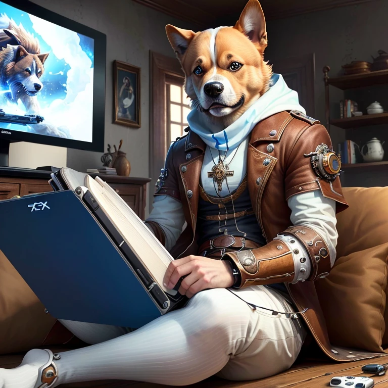 Wallpaper cachorro hurky siberiano branco com um olho azul e o outro olho vermelho, usando um chapeu marrom steampunk jogando videogame no xbox com coleira escrito "KoncruX"