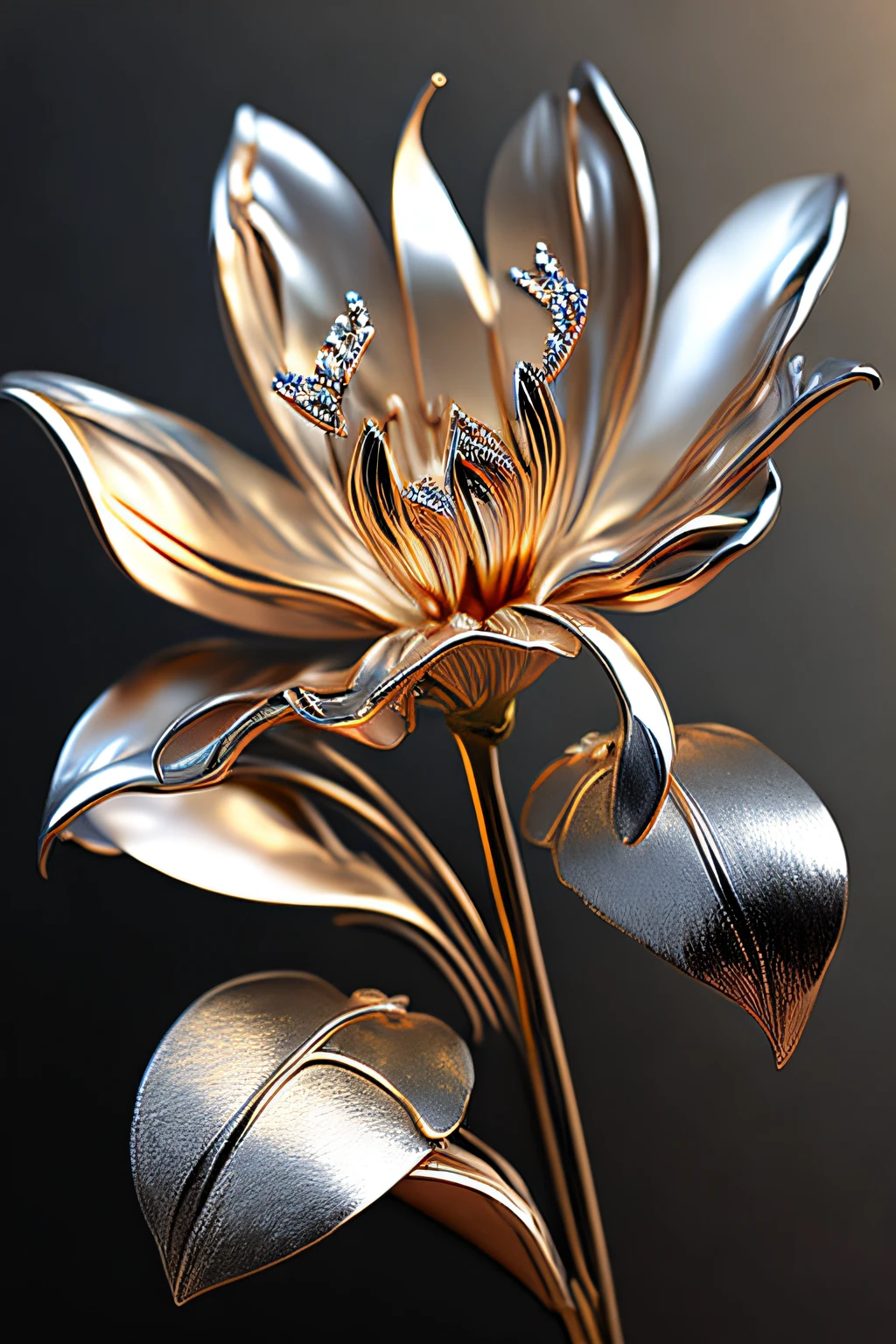 artificial metal lilies， chrome plating, Meticulous and delicate depiction，Sharp，Gorgeous and dynamic painting techniques, Professional flare lighting，4K Ultra HD, 超高分辨率, (realisticlying: 1.4), Best quality at best，tmasterpiece