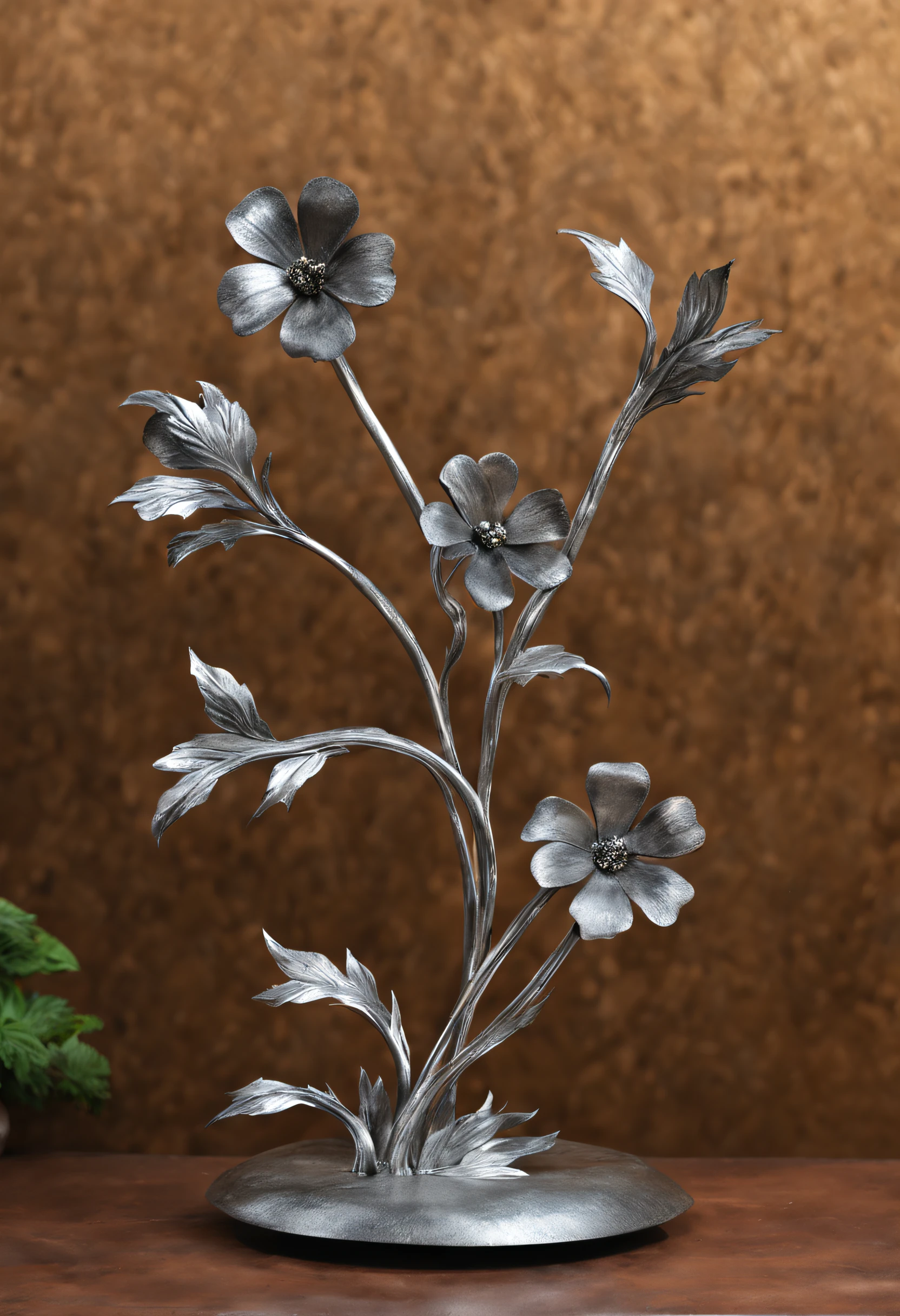 metal art，flower made of iron，iron leaf，iron bend，Iron flower，Full metallic luster，Metal texture in the post-industrial era，Iron decoration，platinum，silver and gold，heavy metal style，In the metal world of the future，everything is made of metal，Metallic flowers，metal grass，Metal Tree，metal mountain