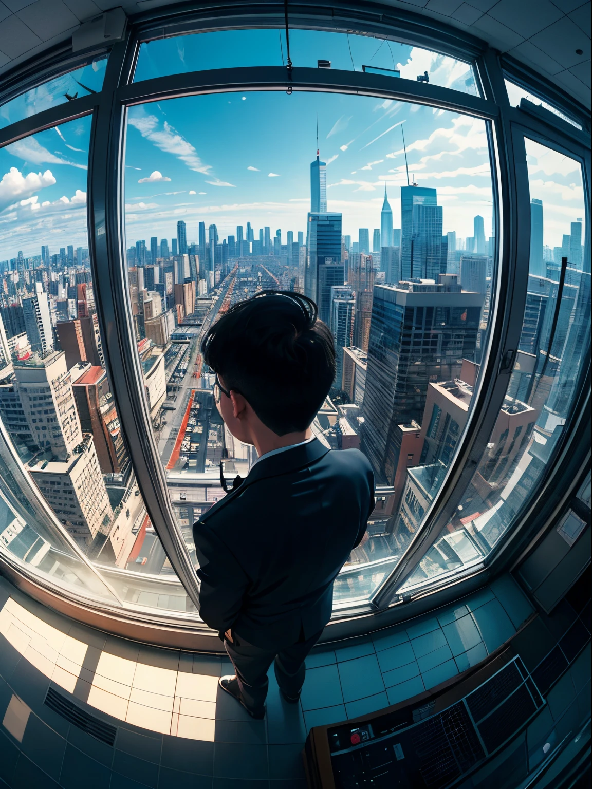 ((fish eye view)), (super wide angle), The view of the city,Buildings,busy street。Jack stood in front of the large window in his office,Look at the bustling city,With loneliness and confusion on his face