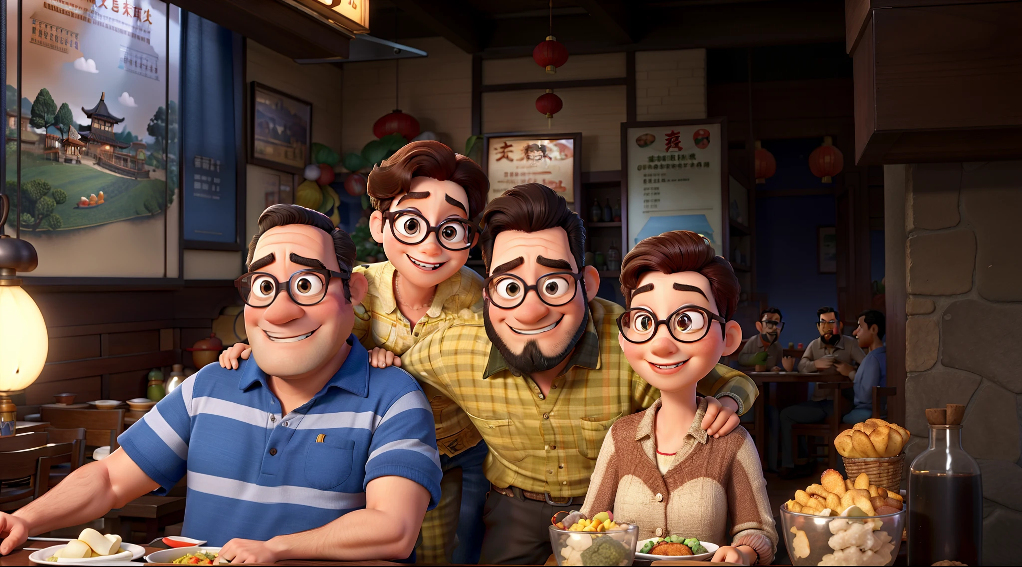 Pixar movie poster of a family taking a photo at a Chinese restaurant. A menina tem cabelos claros e olhos castanhos, o menino tem bigode, Beard and glasses, everyone wears glasses,
