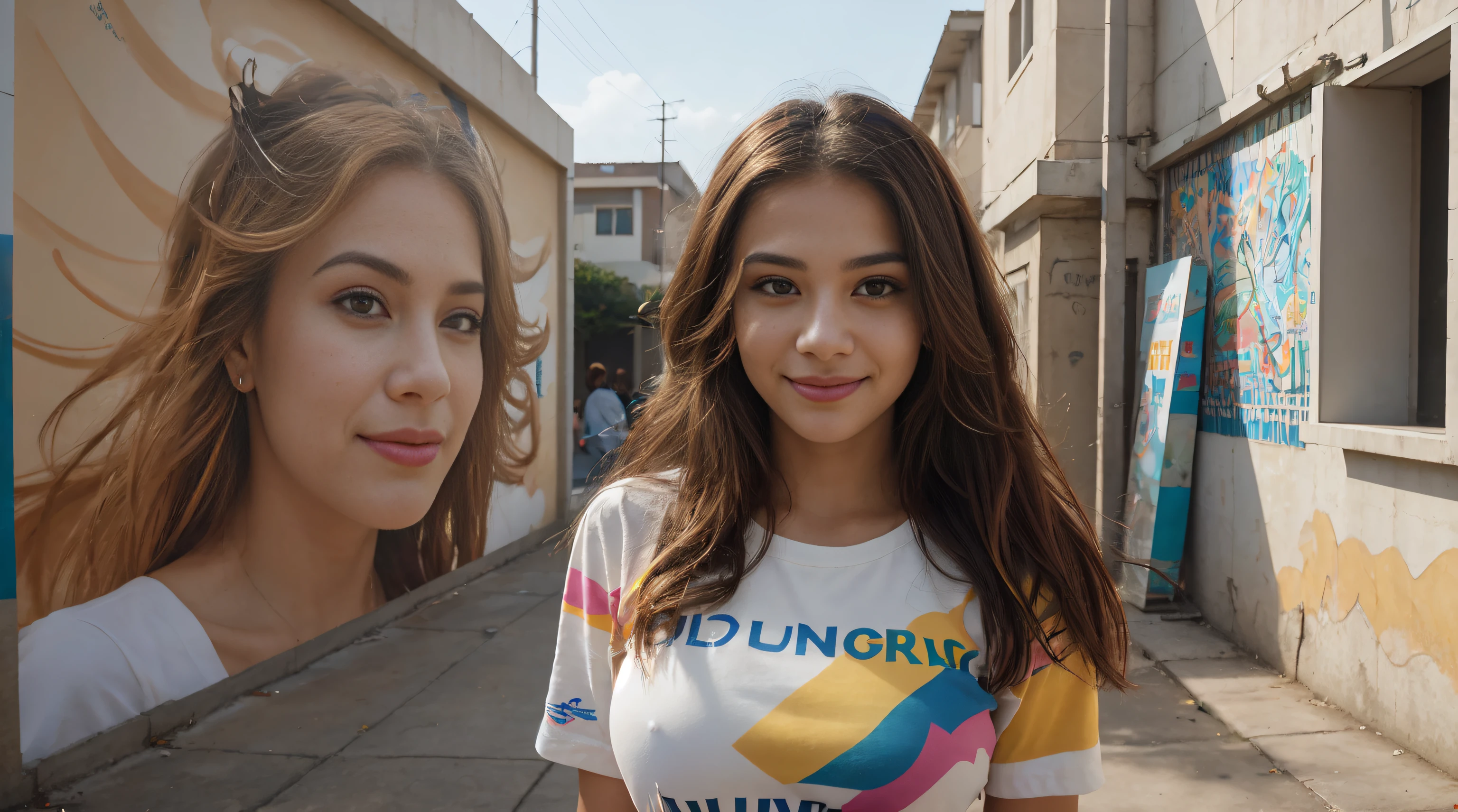 multicolored hair, crown, dashed eyes, smile, Hyperrealism, cinematic lighting, close-up, Ultra-Wide Angle, 135mm, Canon, best quality, high quality, super detail 20-year-old Brazilian student ambles through the bustling university campus. Dressed in lively attire, her carefree hair dances with the breeze. The details on her face showcase a mix of curiosity and focus. In the backdrop, murals of abstract and futuristic urban art contribute to the modern and inspiring ambiance. Engaged in conversations, she exudes a vibrant presence, navigating an academic environment that seamlessly fuses art, innovation, and learning.