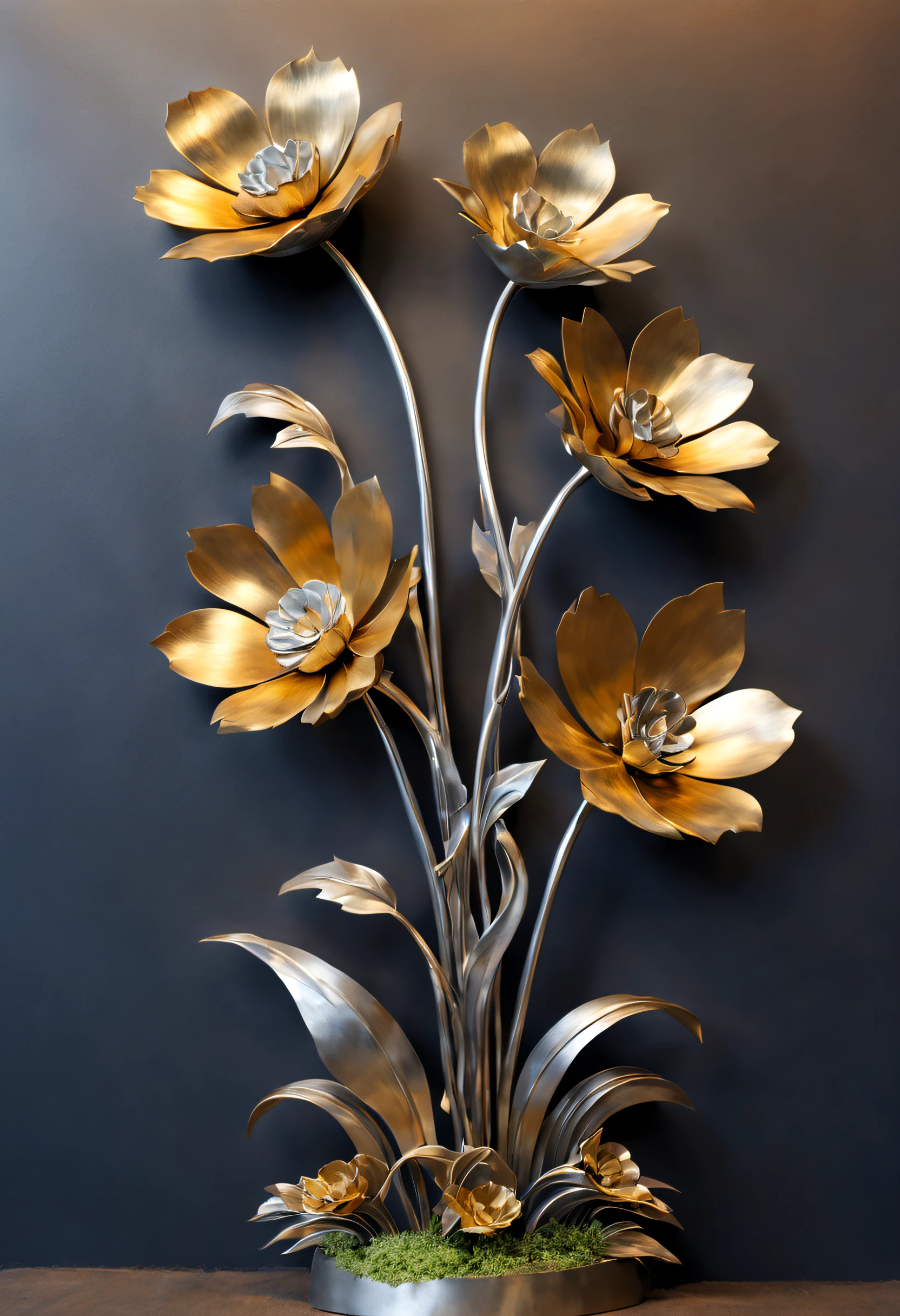 metal art,flower made of iron,iron leaf,iron bend,Iron flower,Full metallic luster,Metal texture in the post-industrial era,Iron decoration,platinum,silver and gold,heavy metal style,In the metal world of the future,everything is made of metal,Metallic flowers,metal grass,Metal Tree,metal mountain
