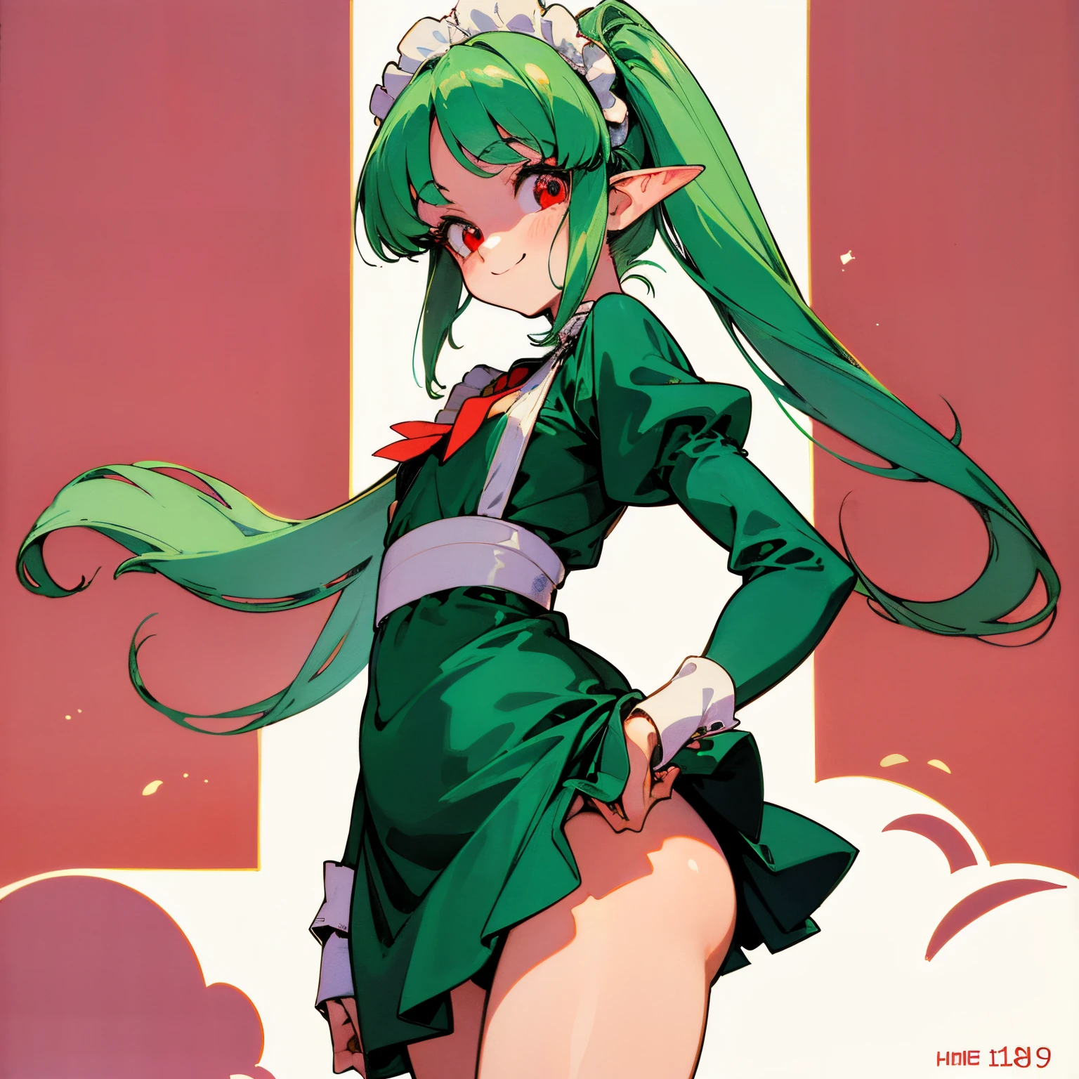 hightquality、Green Twin Tail、Elven ears、Red Eyes、small tits、Small buttocks、Cute smile、Turn to me and smile、A mischievous smile、maid clothes、Omurice、((1980s style、Anime filling))