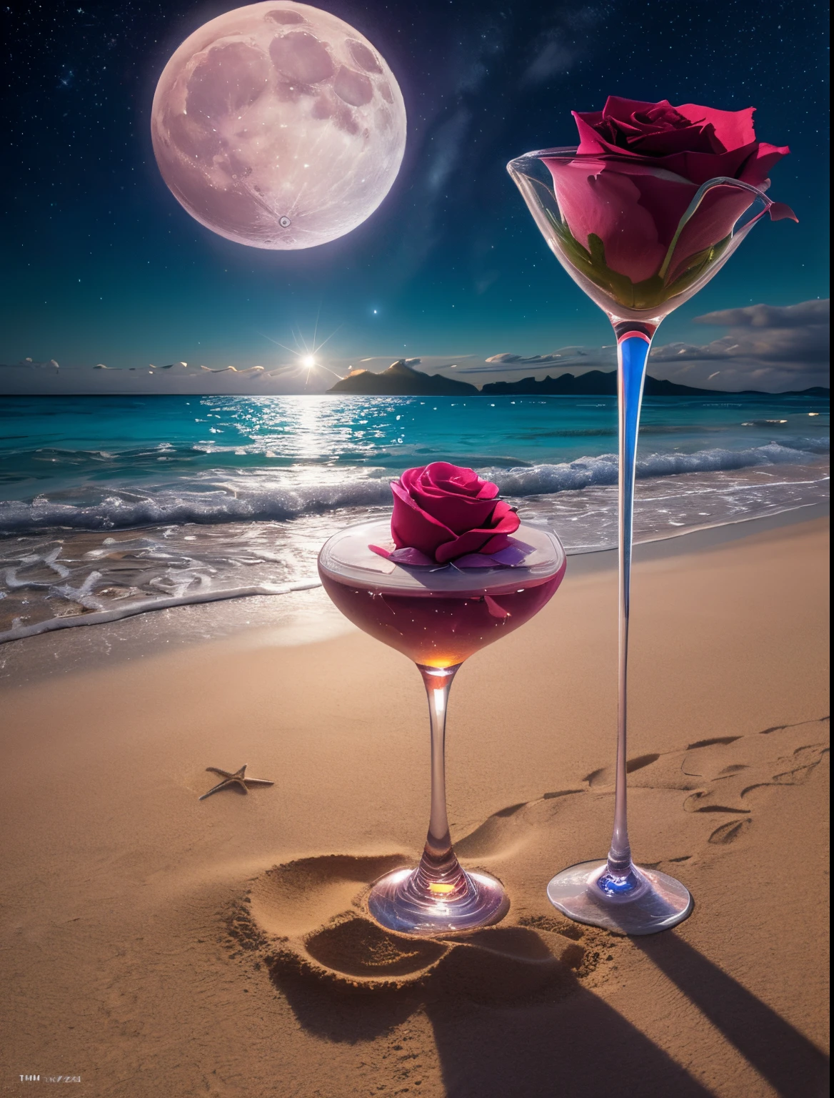 tmasterpiece，winning artwork，Blooming flowers, rose and water crystal, On the sandy beach, like a dream, Sky Night , themoon, smokes , photore, k hd, 8K , actual, k hd, iintricate, 8K, The content is very detailed,Stas, Focus sharp,