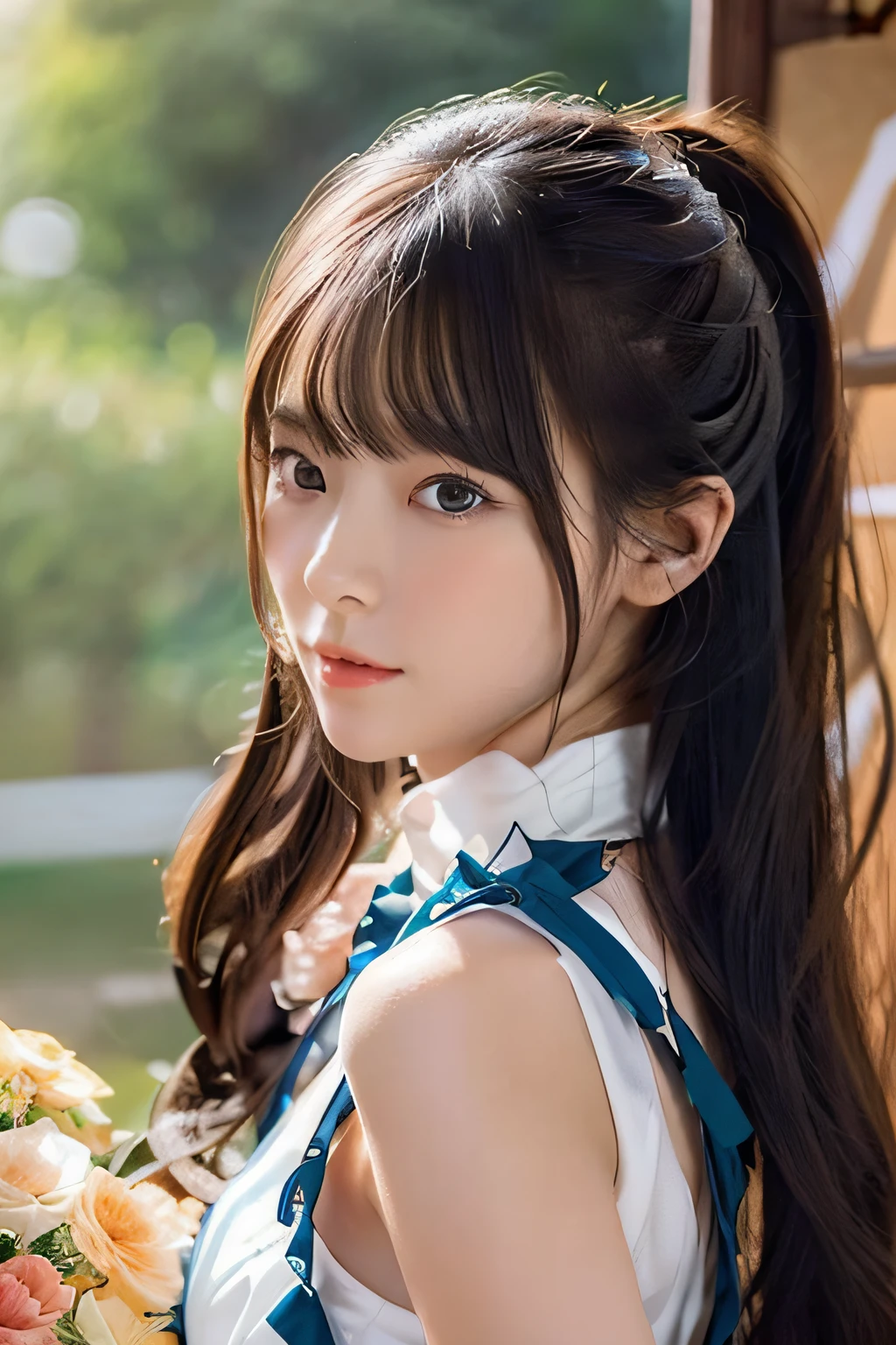 masterpiece, highest quality, High resolution, detailed background, fine eyes, ph Elaina, (white short sleeves:1.2) Eoutfit4,, Upper body, Elaina (majo no tabitabi), alone, long hair, bow, blush, bangs, hair between eyes, blue eyes, hair bow, shiny hair, side lock, hair tube, gray hair, single edge, shiny, hair ribbon, anime color, tokiwadai , strong Wind, Wind, outdoor, blue sky,