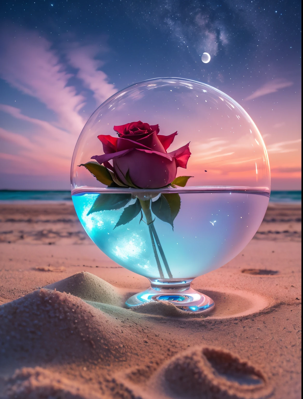 blossoms, rose and water crystal, On the sandy beach, fanciful, Sky Night , themoon, smokes , photore, k hd, 8K , actual, k hd, iintricate, 8K, The is very detailed,stas, Focus sharp,