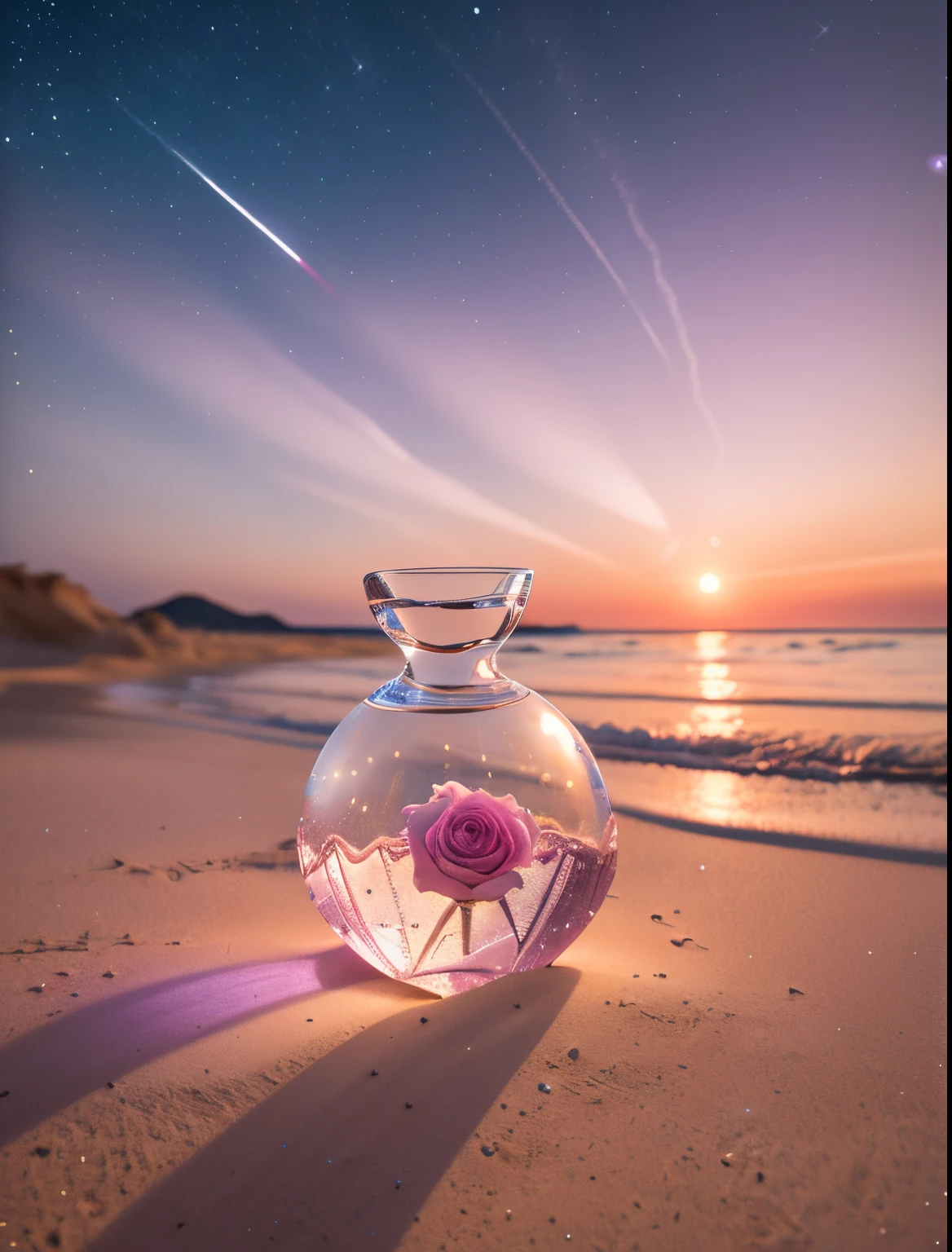 blossoms, rose and water crystal, On the sandy beach, fanciful, Sky Night , themoon, smokes , photore, k hd, 8K , actual, k hd, iintricate, 8K, The is very detailed,stas, Focus sharp,