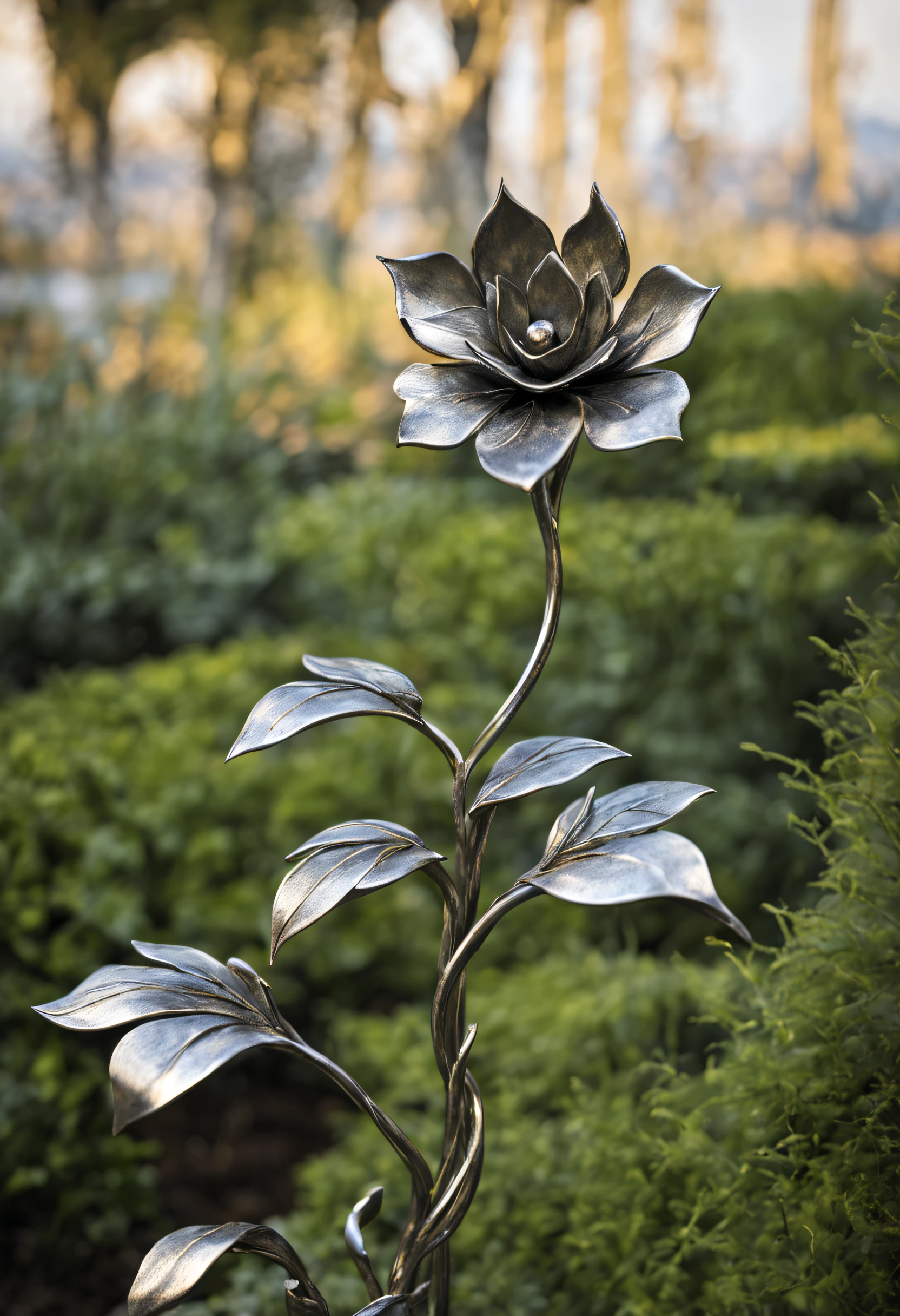 metal art,flower made of iron,iron leaf,iron bend,Iron flower,Full metallic luster,Metal texture in the post-industrial era,Iron decoration,platinum,silver and gold,heavy metal style,In the metal world of the future,everything is made of metal,Metallic flowers,metal grass,Metal Tree,metal mountain