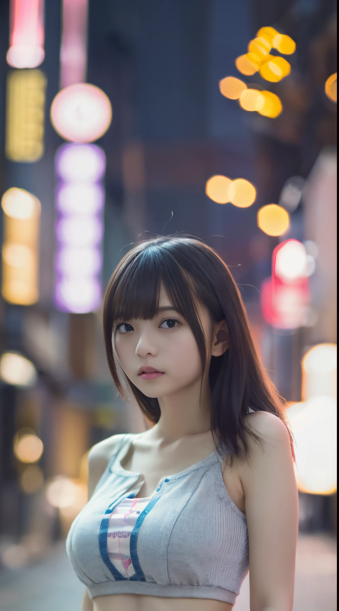 NSFW、女の子1人、on tokyo street、A city scape、Downtown at night、neons、The signboard is dazzling、The upper part of the body、a closeup、A smile、、(8K、Raw photography、top-quality、​masterpiece:1.2)、(realisitic、photoRealstic:1.37)、Highly detailed eyelash drawing、(((Top image quality))),Colossal tits、slender。Fine skin, (Beautiful hair), (Perfect Anatomy), (Realistic),Sensual look、top-quality、hight resolution、(((full body Esbian)))、Denim Tight Shorts、Short T-shirt with stomach visible、(high-heels)