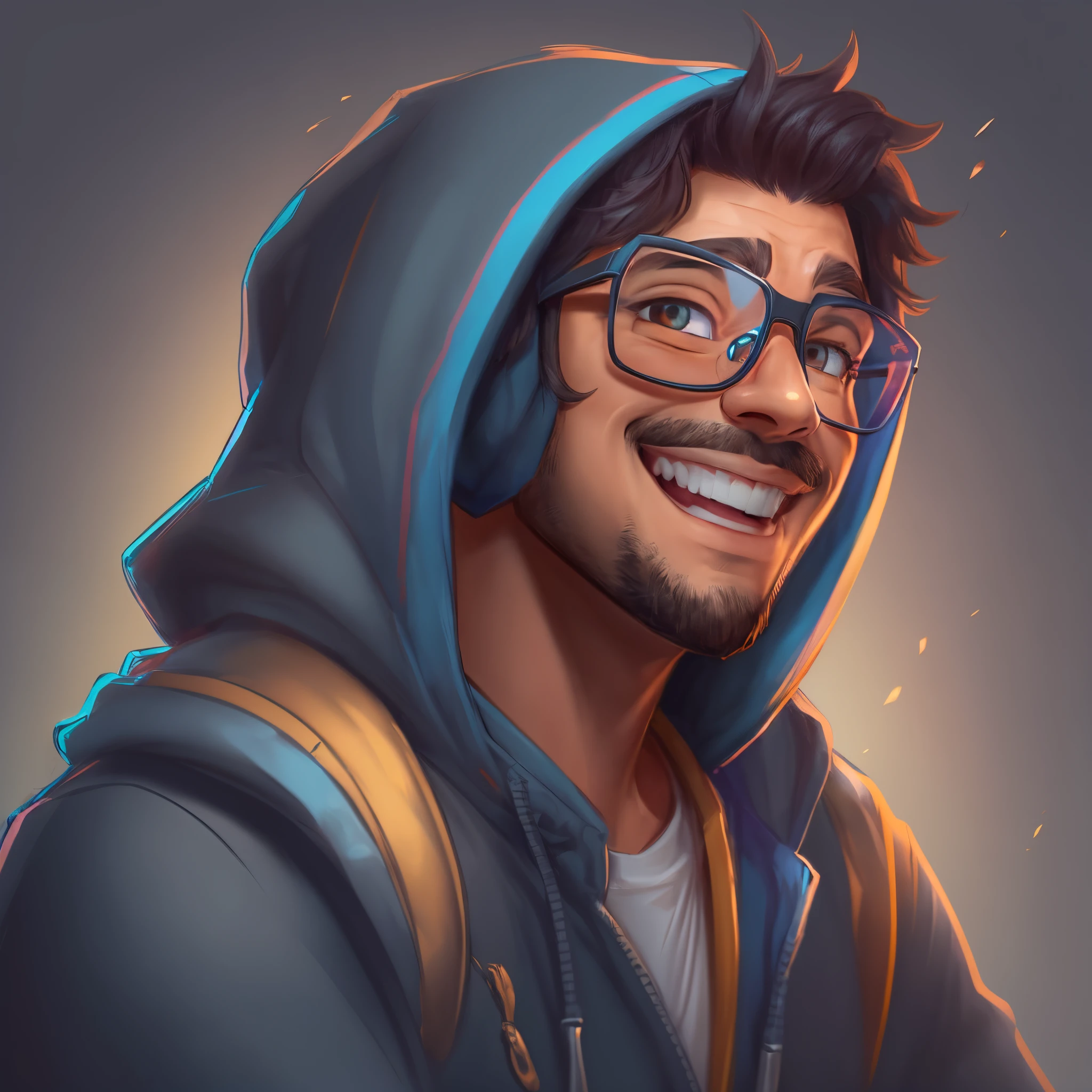 ((PivaArts)) Create a high-quality 2D Pixar Disney cartoon portrait of a man wearing glasses and a hoodie, showing a cheerful smile. This portrait is intended for use as an NFT, an avatar image, a Discord profile photo, and a character concept portrait for the Twitch streamer and gamer known as PivaArts. The completed portrait should be detailed and capture the personality and style of PivaArts, Becoming a Statement Piece. The focus is on a character headshot portrait fit for a Twitch streamer.
