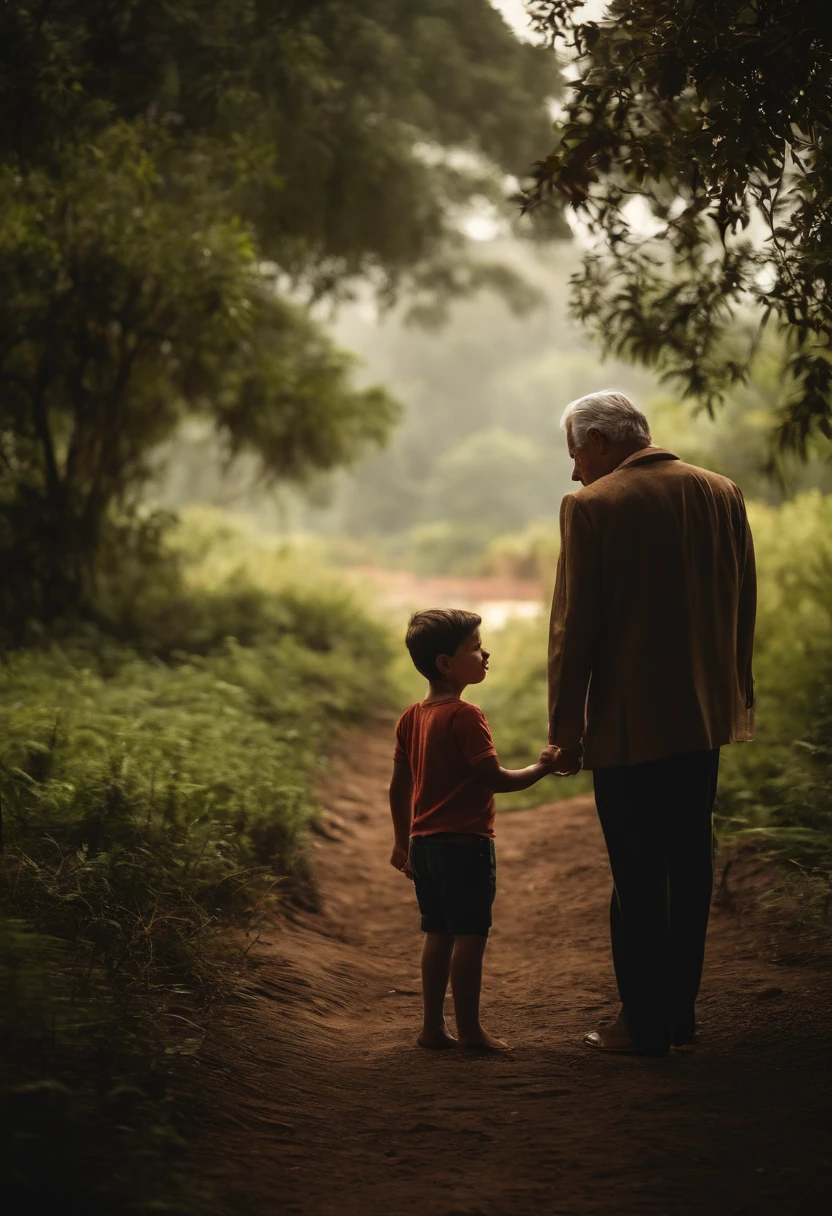 Imagens de um senhor aparentando ter 60 anos conversando com seu neto (sexo masculino) de 4 anos escolhendo duas arvores para planta