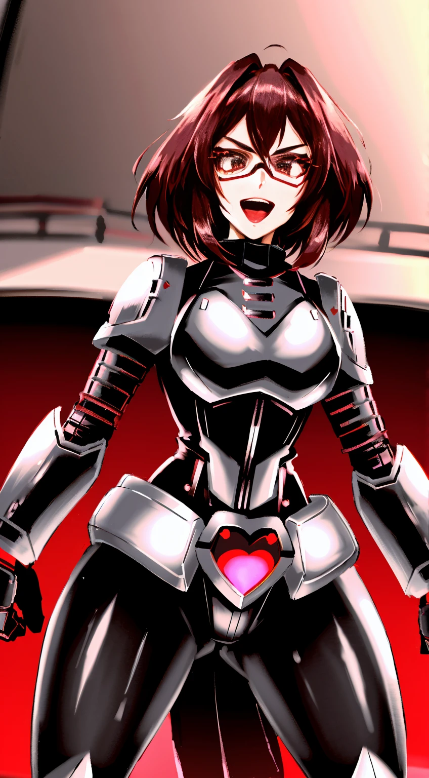 (Best quality, 4k, 8k, Ultra HD, high resolution, masterpiece:1.2), Ochaku as Mettaton, full spandex/latex attire (reds and blacks), neon lights, flawless makeup, happy singing pose, fierce expression, long hair, simple greyscale background, sleek design, captivating stage presence, captivating red lipstick, confident stance, fashion model, anime glasses, anime tinted red shades, black latex pants, black latex corset, holding a large stage microphone, performance microphone, black microphone, singing stance, extremely tight corset, red bow tie around neck, medium nougat-skin color, heart-shaped silver belt buckle, thick armored metal belt, heart on armored red chestplate, bobcut hair, dark brown hair, heavily armored black cuirass, chest encased in armor, black turtleneck armored, wide hips, black hair, thick flowing dark brown hair,black undersuit, white mascot gloves, cuffed gloves