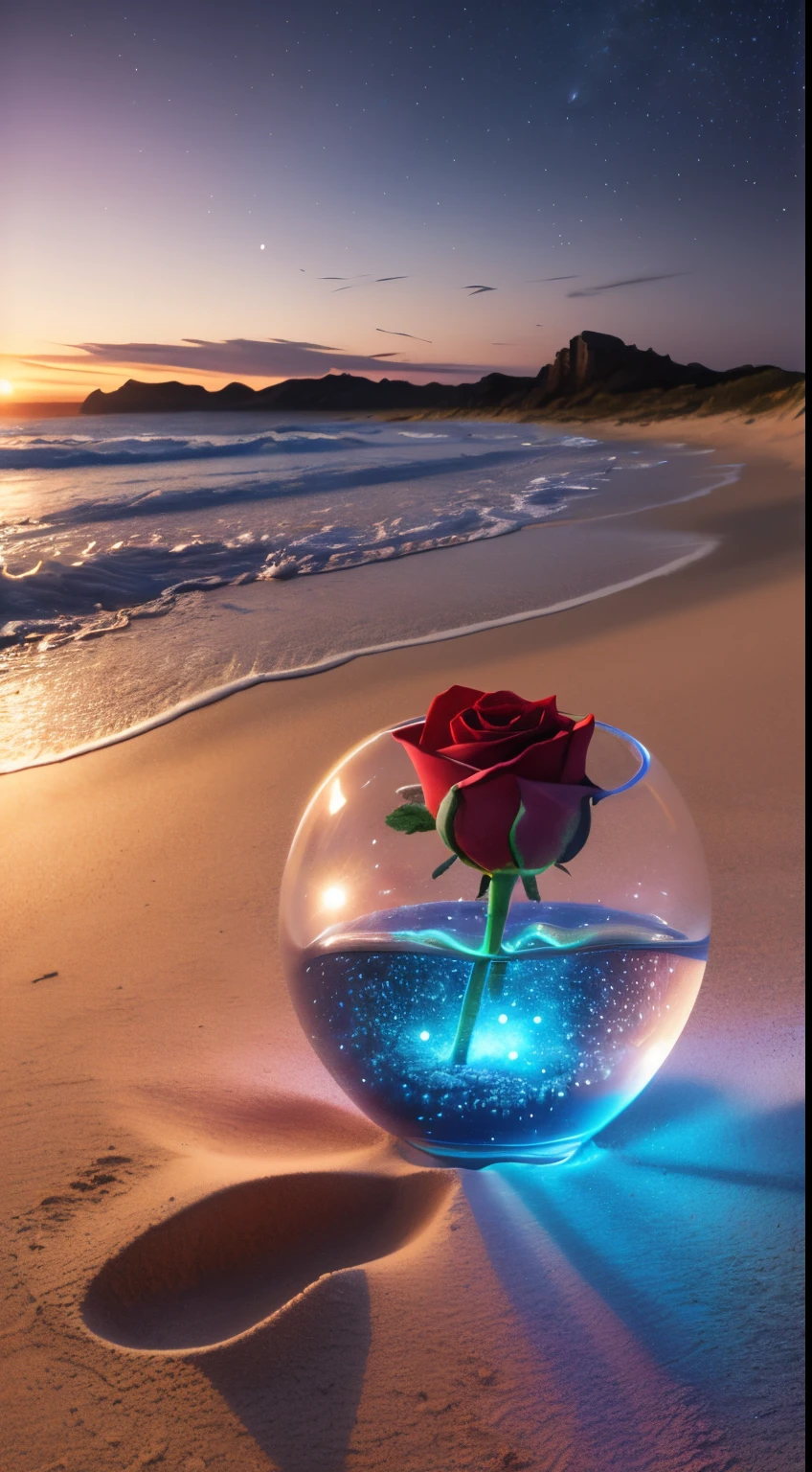 tmasterpiece，winning artwork，Very realistic，flowers blooming, rose and water crystal, On the sandy beach, like a dream, Sky Night , themoon, smokes , photore, k hd, 8K , actual, k hd, iintricate, 8K, The content is very detailed,Stas, Focus sharp,